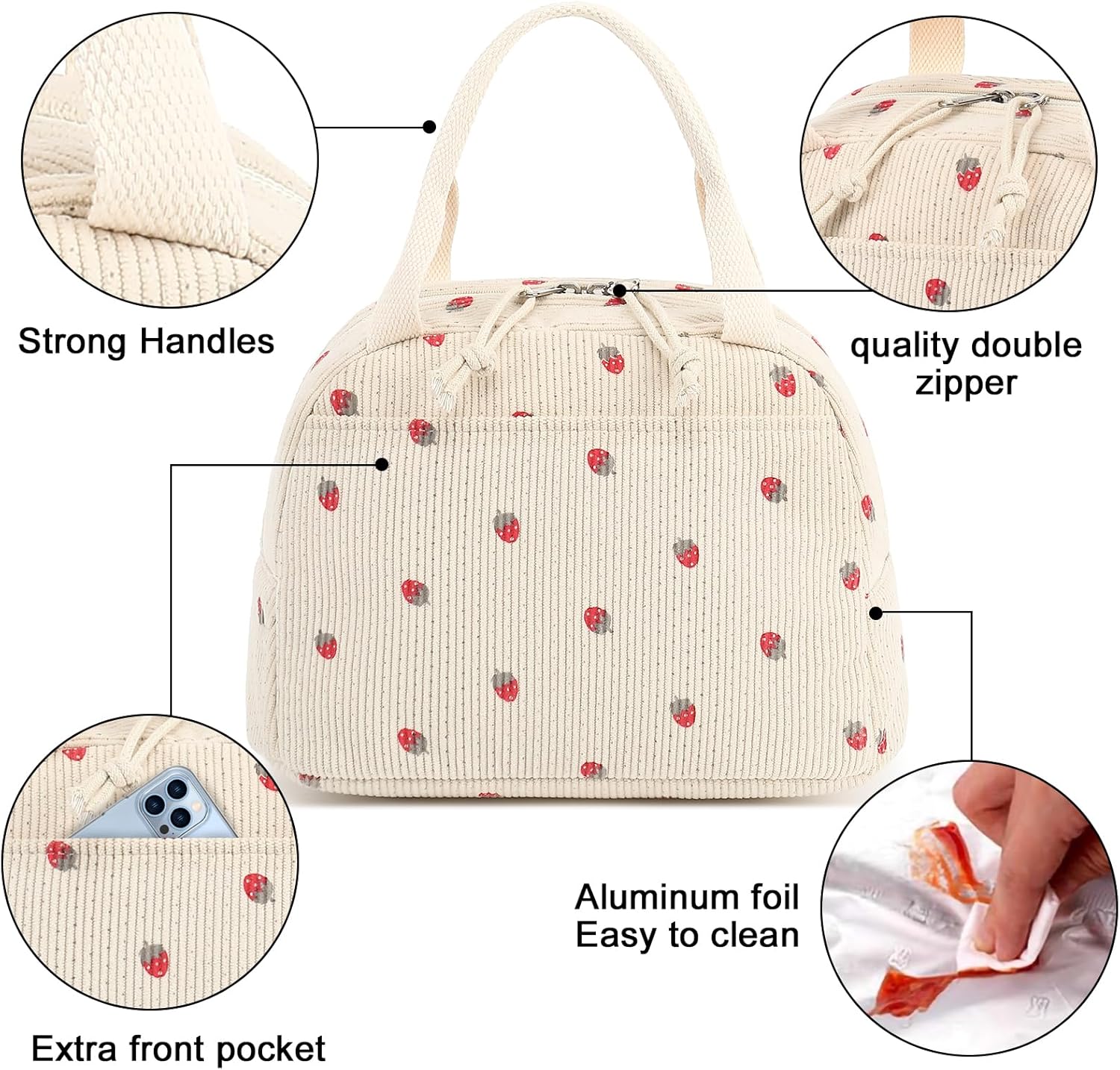Corduroy Insulated Lunch Bag for Women – Stylish Waterproof Cooler Tote
