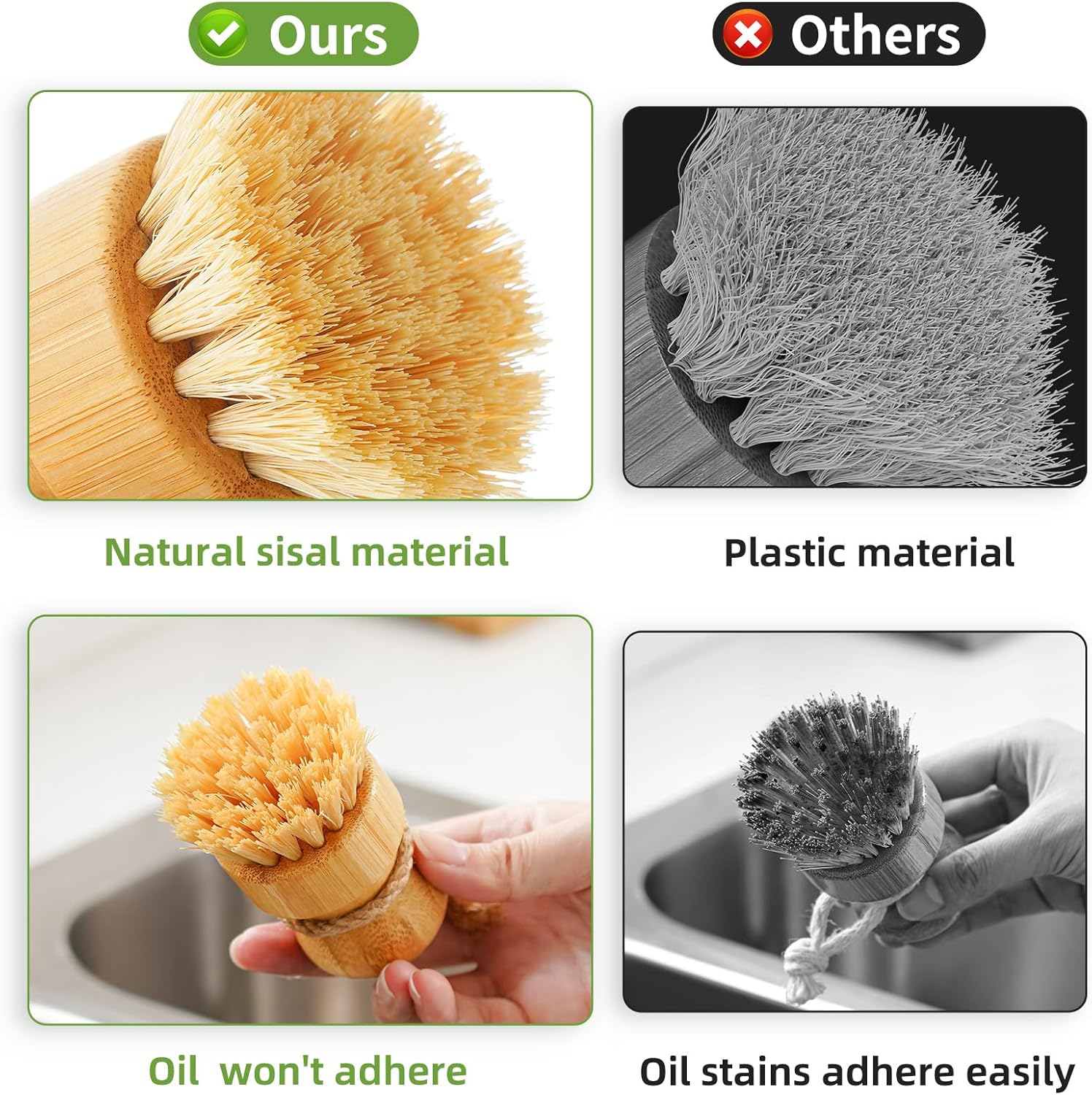 Dish Scrub Brushes Set – Wooden Kitchen Scrubbers with Natural Sisal
