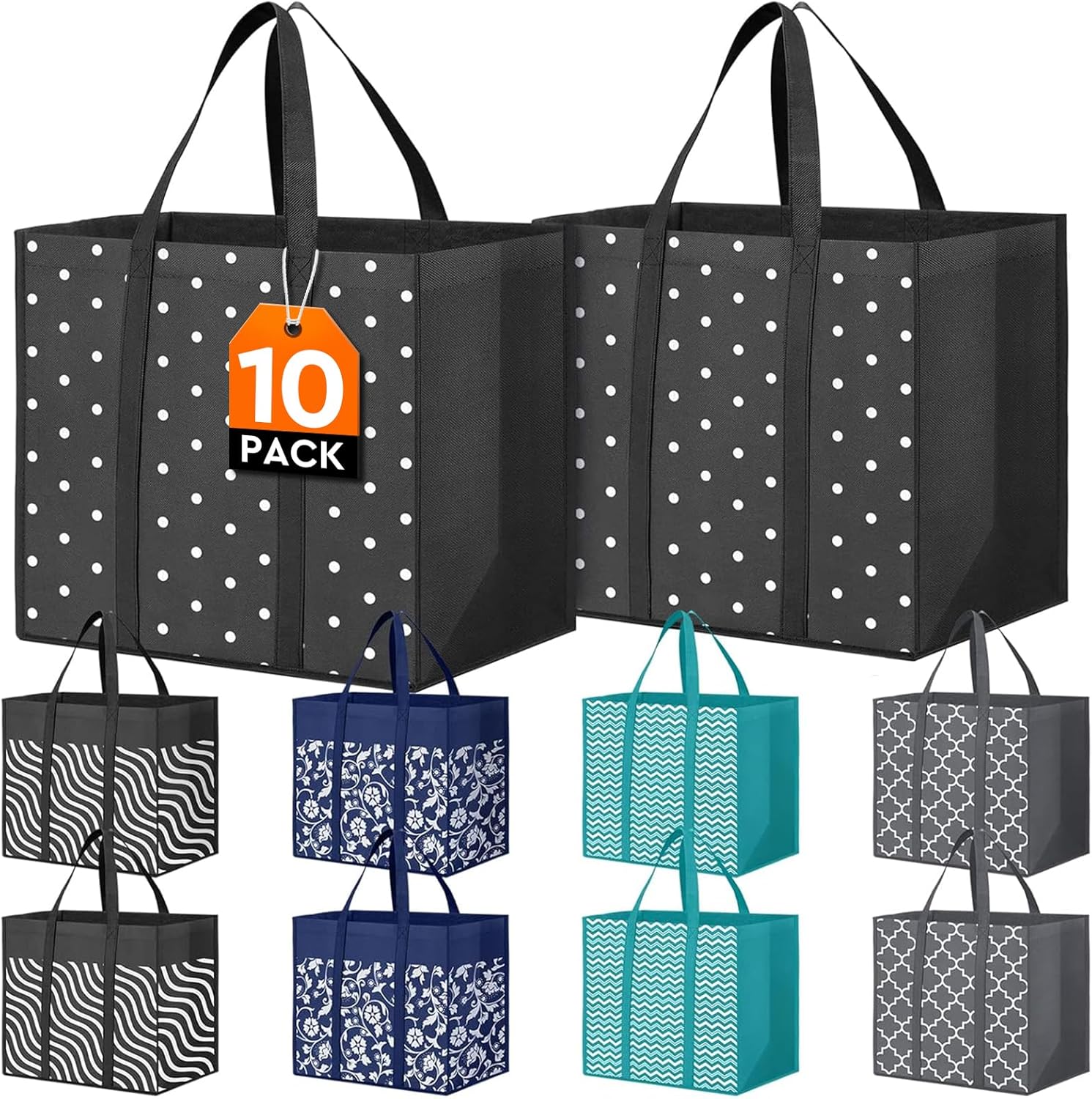 Fab Totes 10-Pack Reusable Grocery Bags – Heavy Duty Waterproof