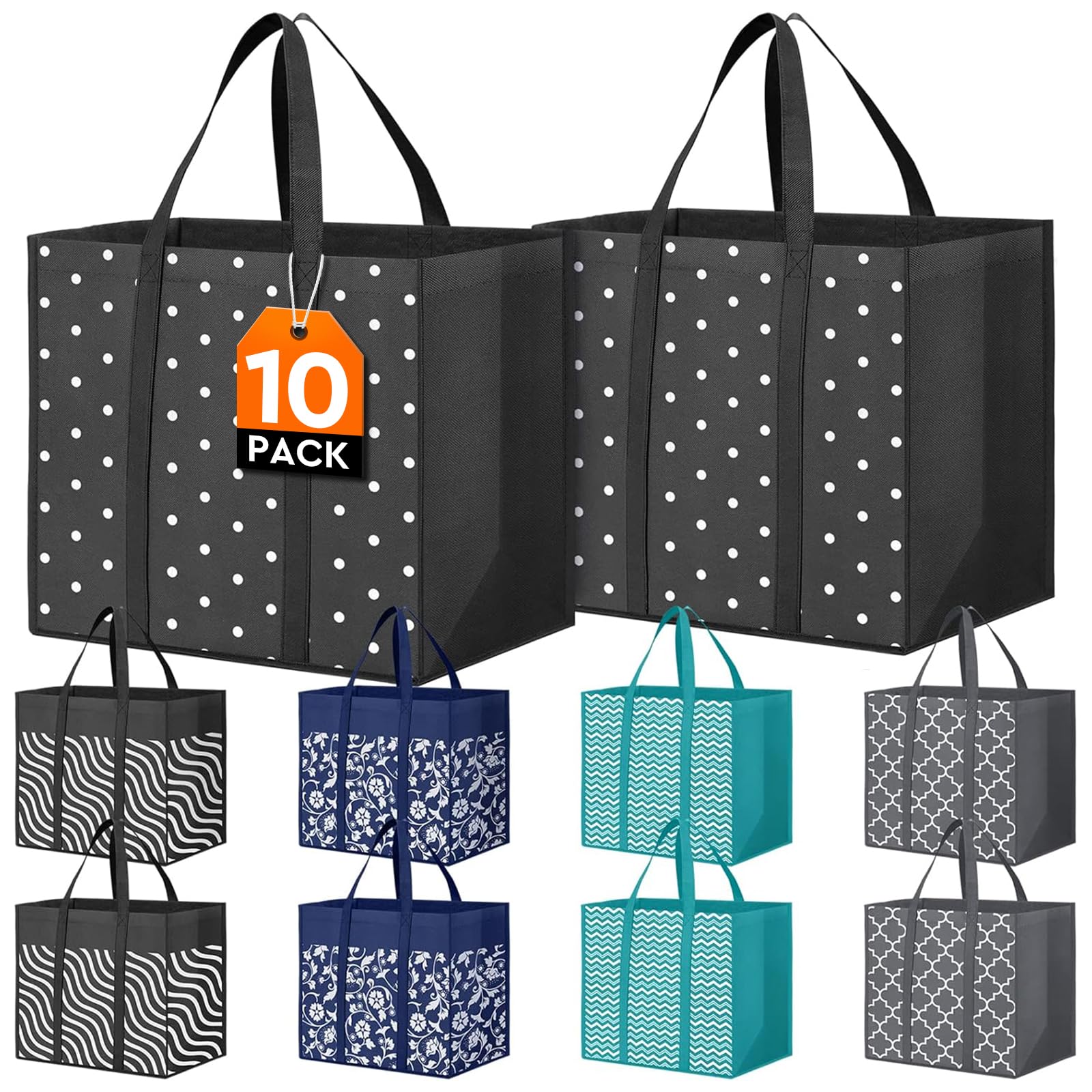 Fab Totes 10-Pack Reusable Grocery Bags – Heavy Duty Waterproof