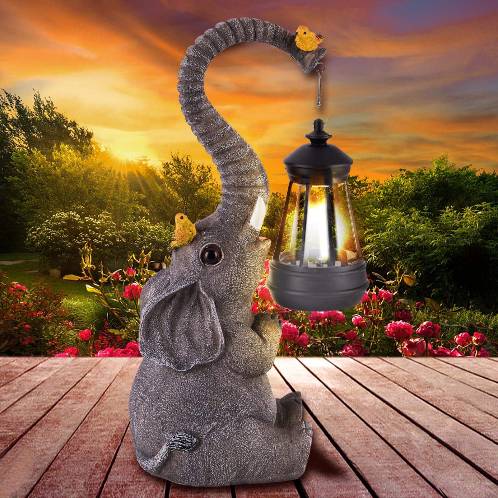 Solar Elephant  crafted  Garden Statue – Lighted Outdoor Resin Decor Symbol of Good Luck