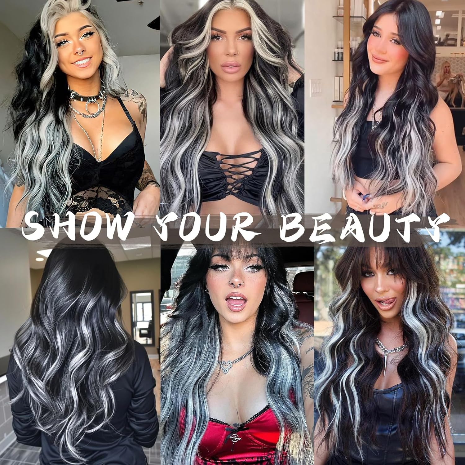 Clip-in Hair Extensions 24 Inch – 8PCS Natural Black Mix Silver Grey Long Wavy Synthetic Hair, Thick Double Weft Clip-ins for Women