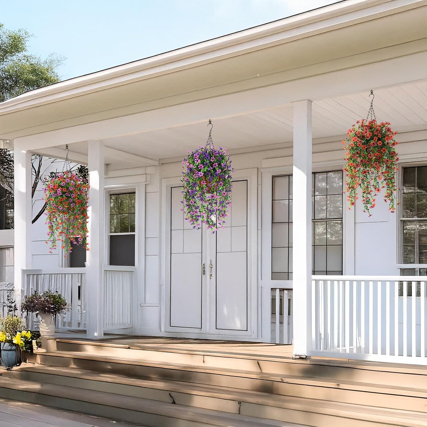 2PCS Artificial Hanging Flowers – Faux Daisies with Eucalyptus for Outdoor Decor