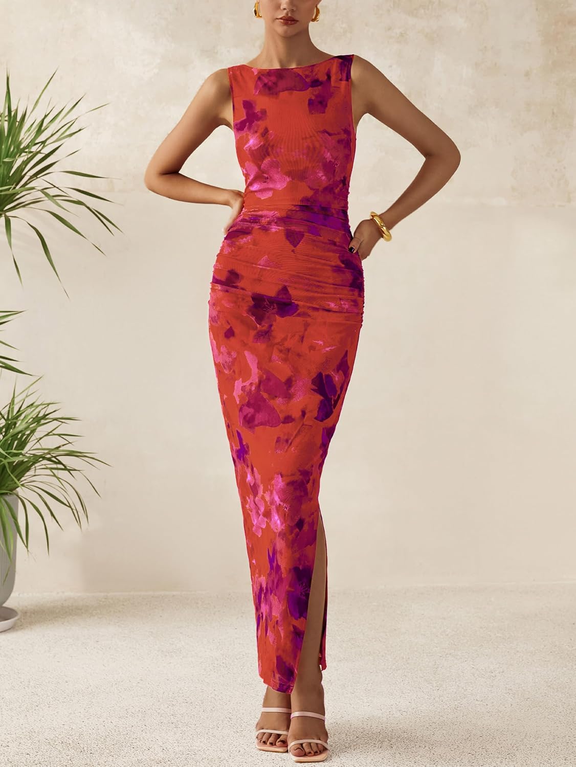 Women’s Bodycon Mesh Maxi Dress –cool and comfortable Sleeveless Floral Ruched Slit