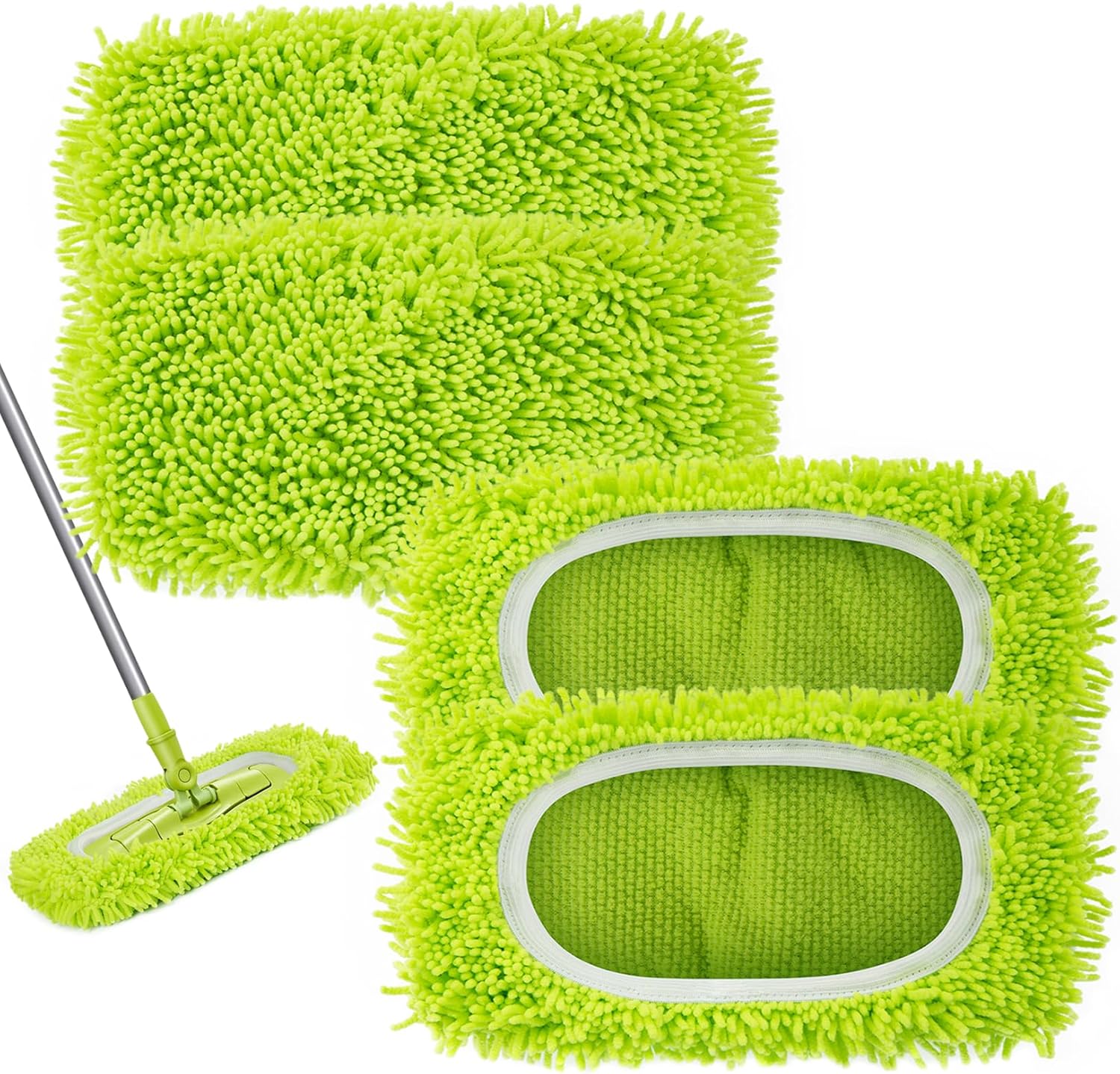 A set of green microfiber wet mop pads compatible with Swiffer Sweeper mops, displayed with a dry mop and its handle.