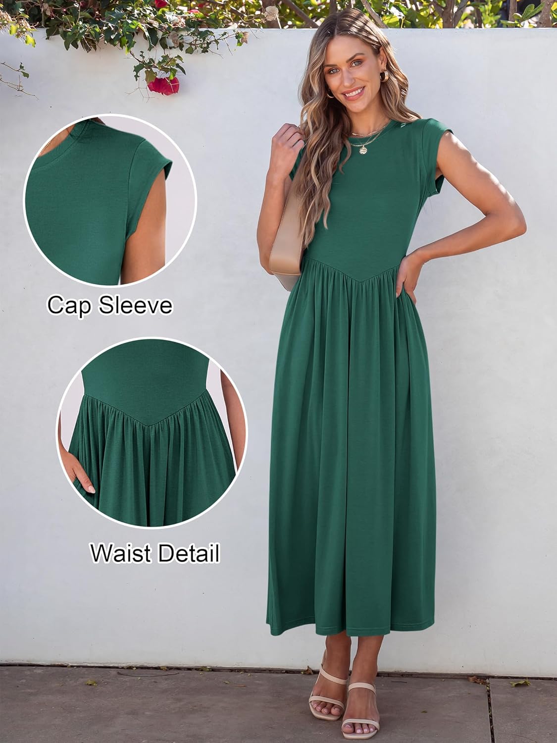 Women’s Cap Sleeve Maxi Dress – Summer Dressy Casual Elegant Fit & Flare High Waist A-Line Long