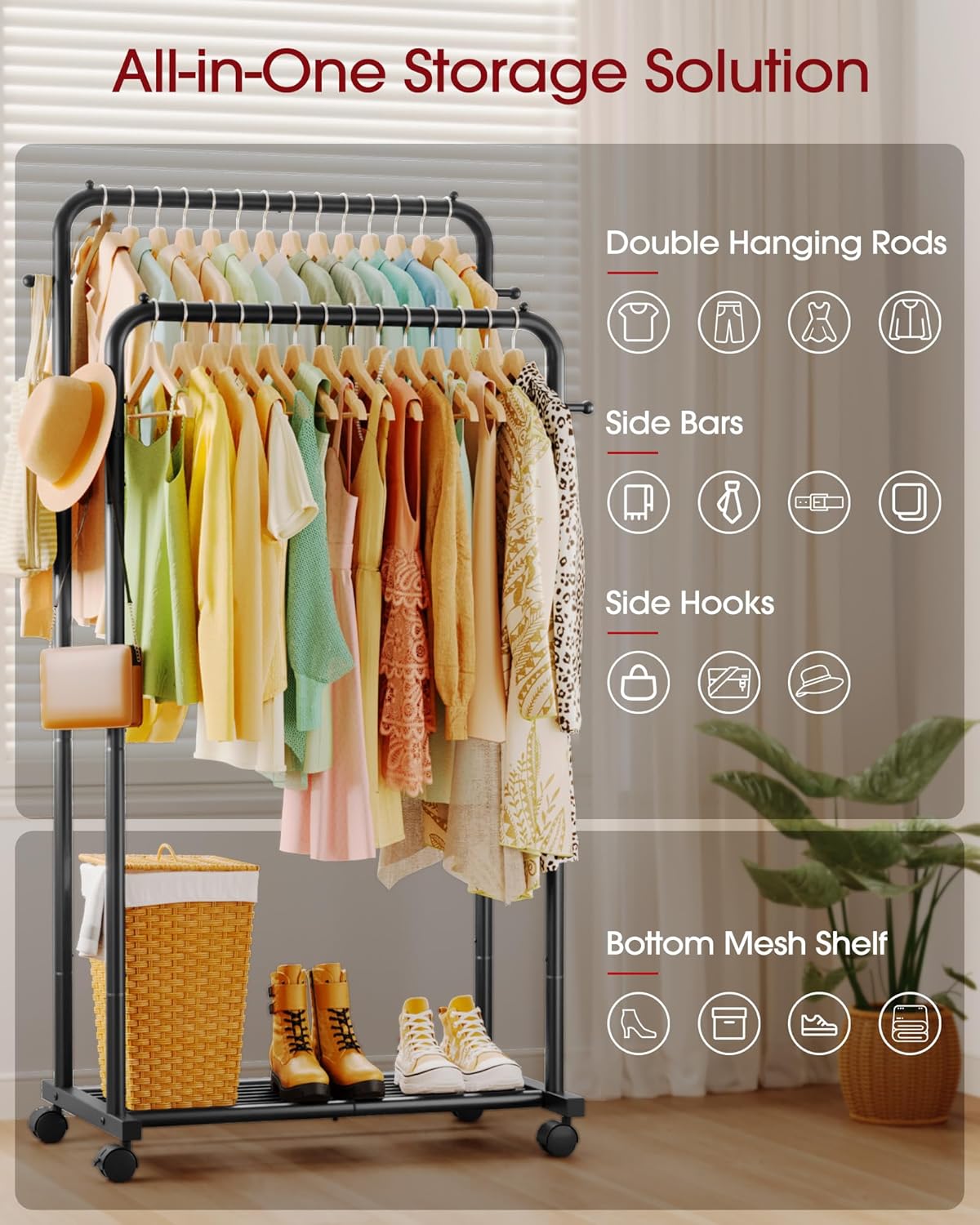 Double Rod Clothing Rack with Mesh Shelf, Hooks &amp; Lockable Wheels