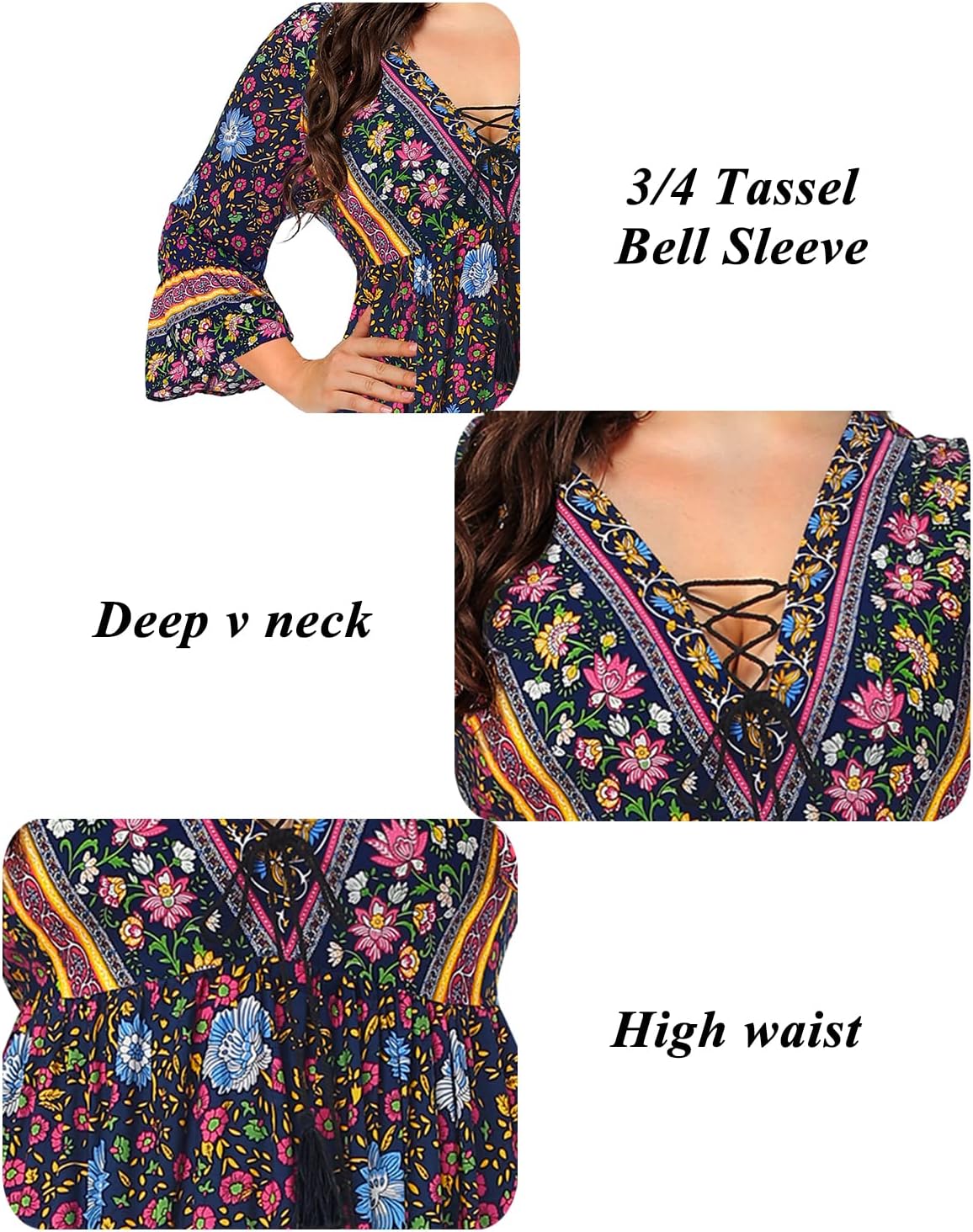 Plus Size Boho Floral V-Neck Mini Dress with Tassel Bell Sleeves