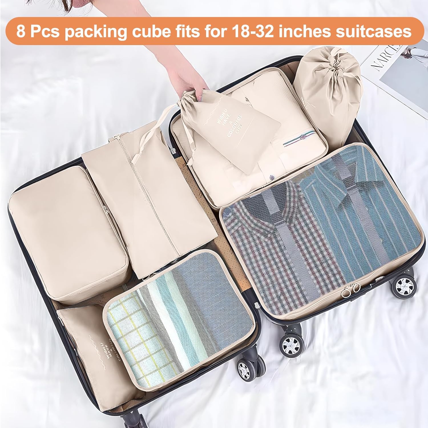 8-Piece Travel Packing Cubes Set – Mesh Compression Luggage Organizers