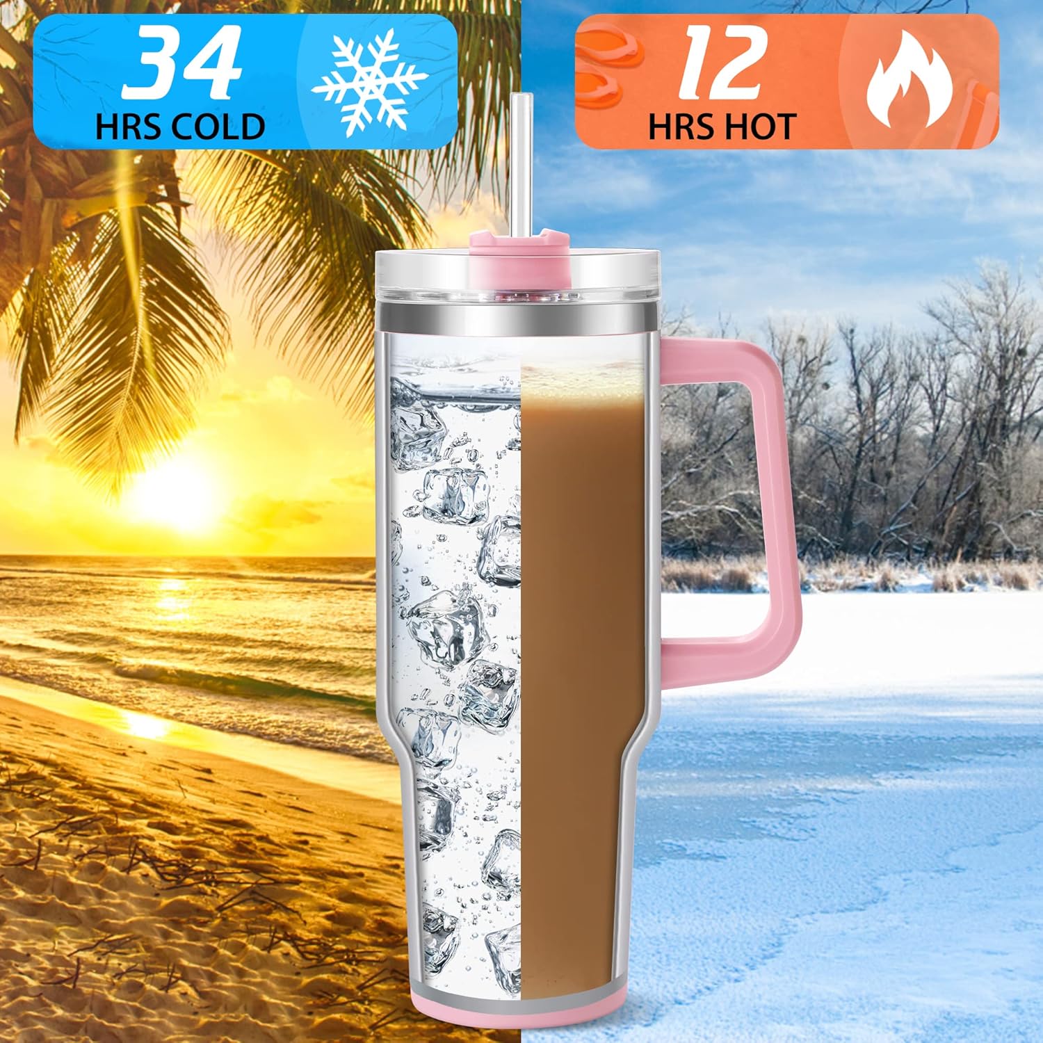 Tumbler with Handle and Straw Pink Insulated Travel Mug Iced Coffee Cup