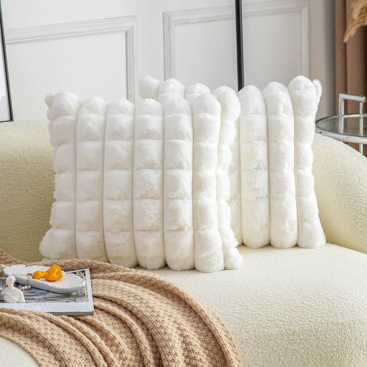 Cream White Faux Fur Cozy Soft Plaid Decorative Throw Pillow Covers