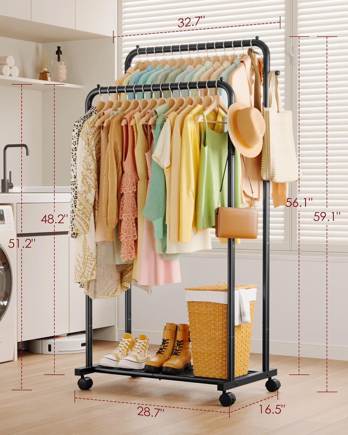 Double Rod Clothing Rack with Mesh Shelf, Hooks &amp; Lockable Wheels