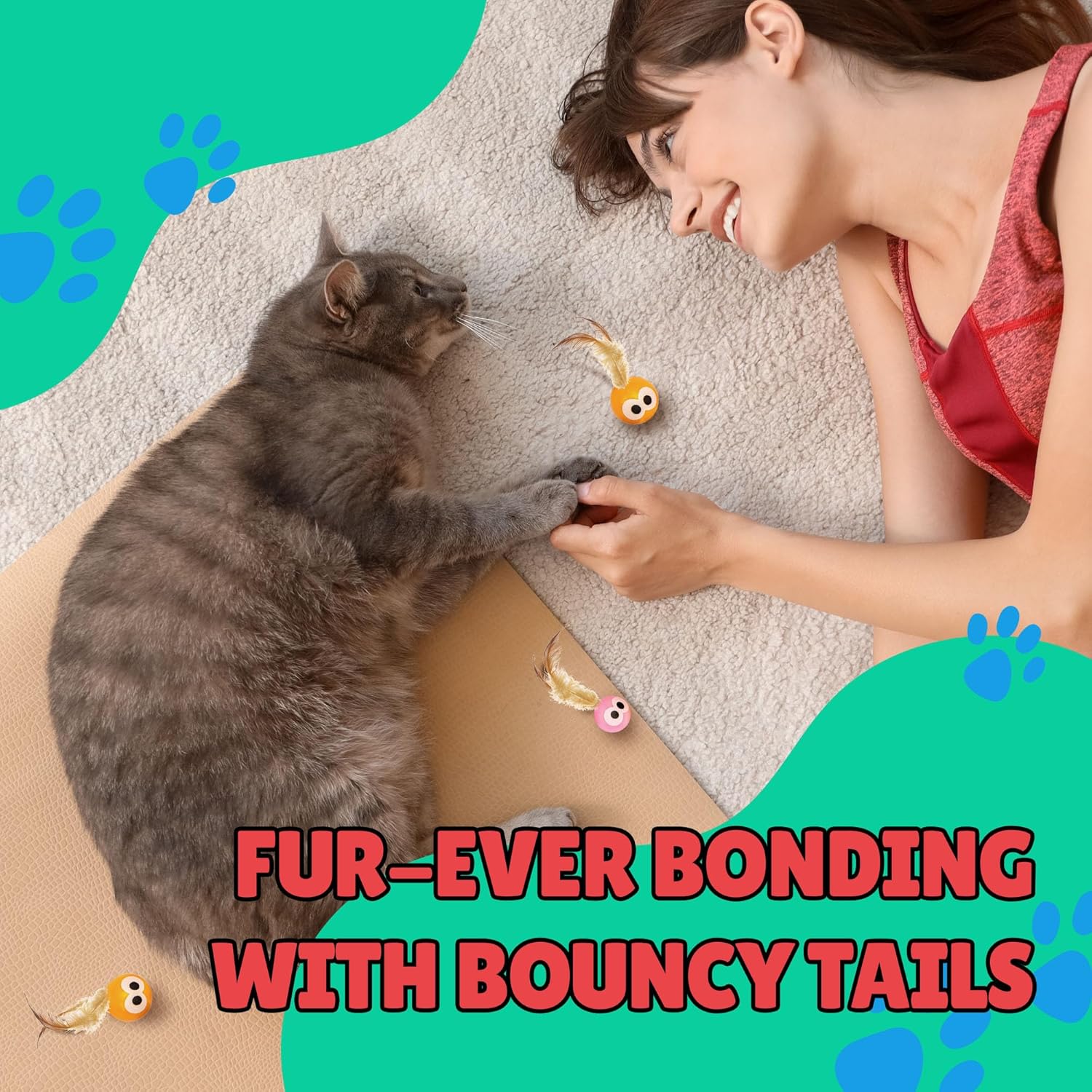 3 Pack Interactive Bouncy Ball with Natural Feathers for Indoor Cats