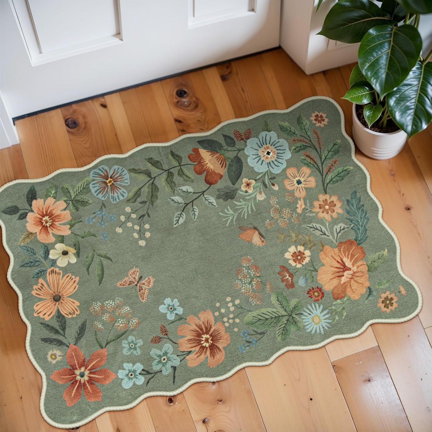 Floral 2x3 Green Rug – Washable Ultra-Thin Non-Slip Kitchen