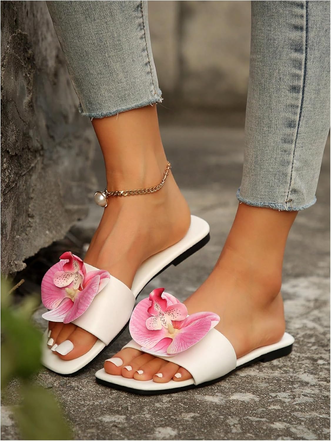 Women’s 3D Flower Accent Flats – Square Open Toe Single Band Slide Sandals