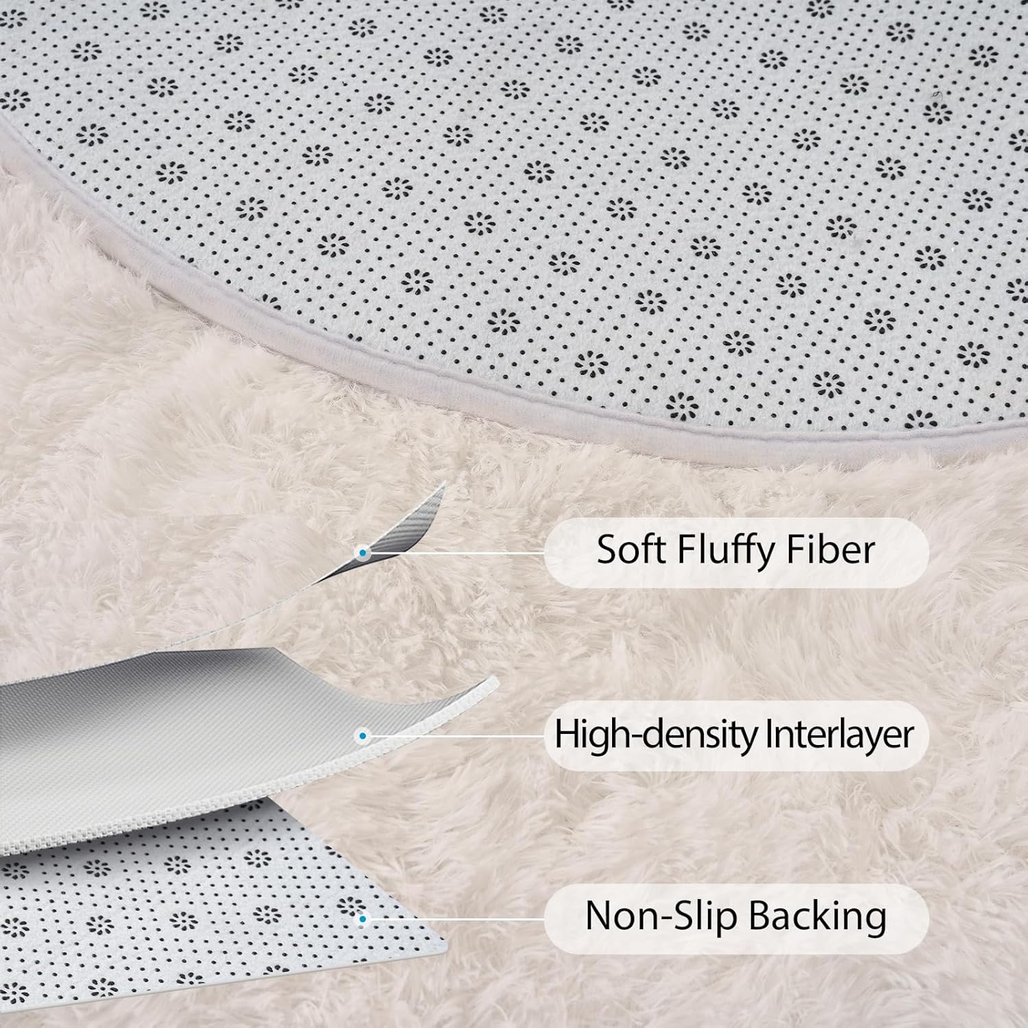 Fluffy Cream Bedroom Rug – 2.6x5.2 Ft Oval Shaggy Bedside Carpet