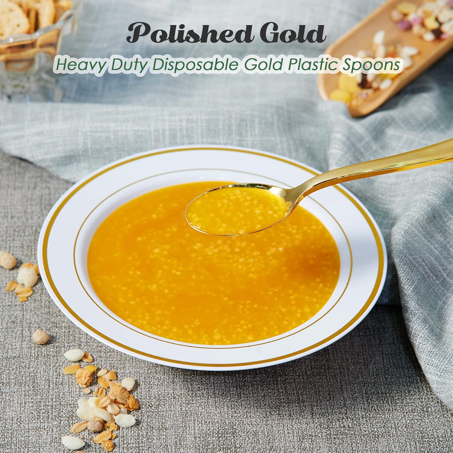 300-Pack 6.8" Gold Disposable Plastic Spoons – Heavy Duty & Elegant Cutlery