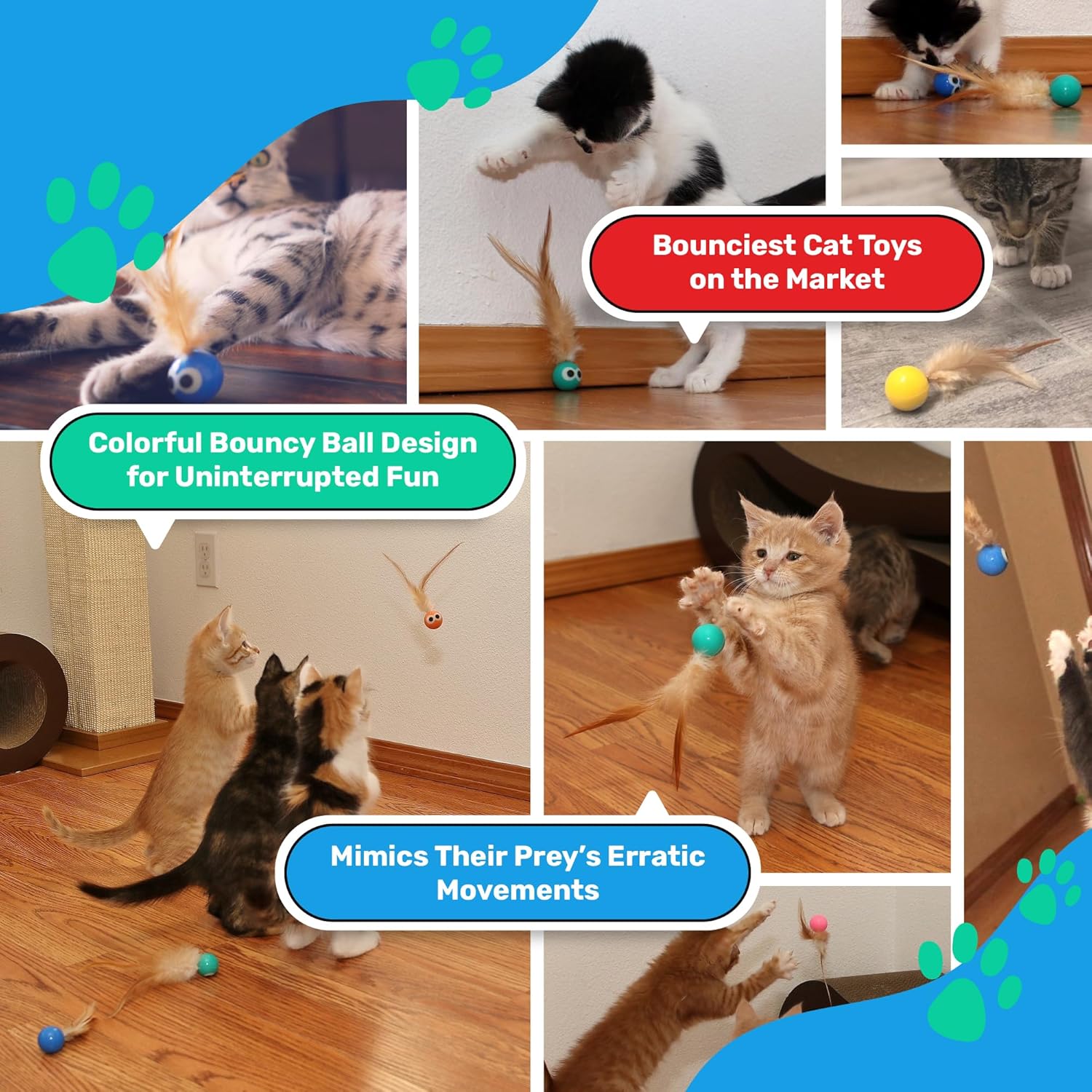 3 Pack Interactive Bouncy Ball with Natural Feathers for Indoor Cats