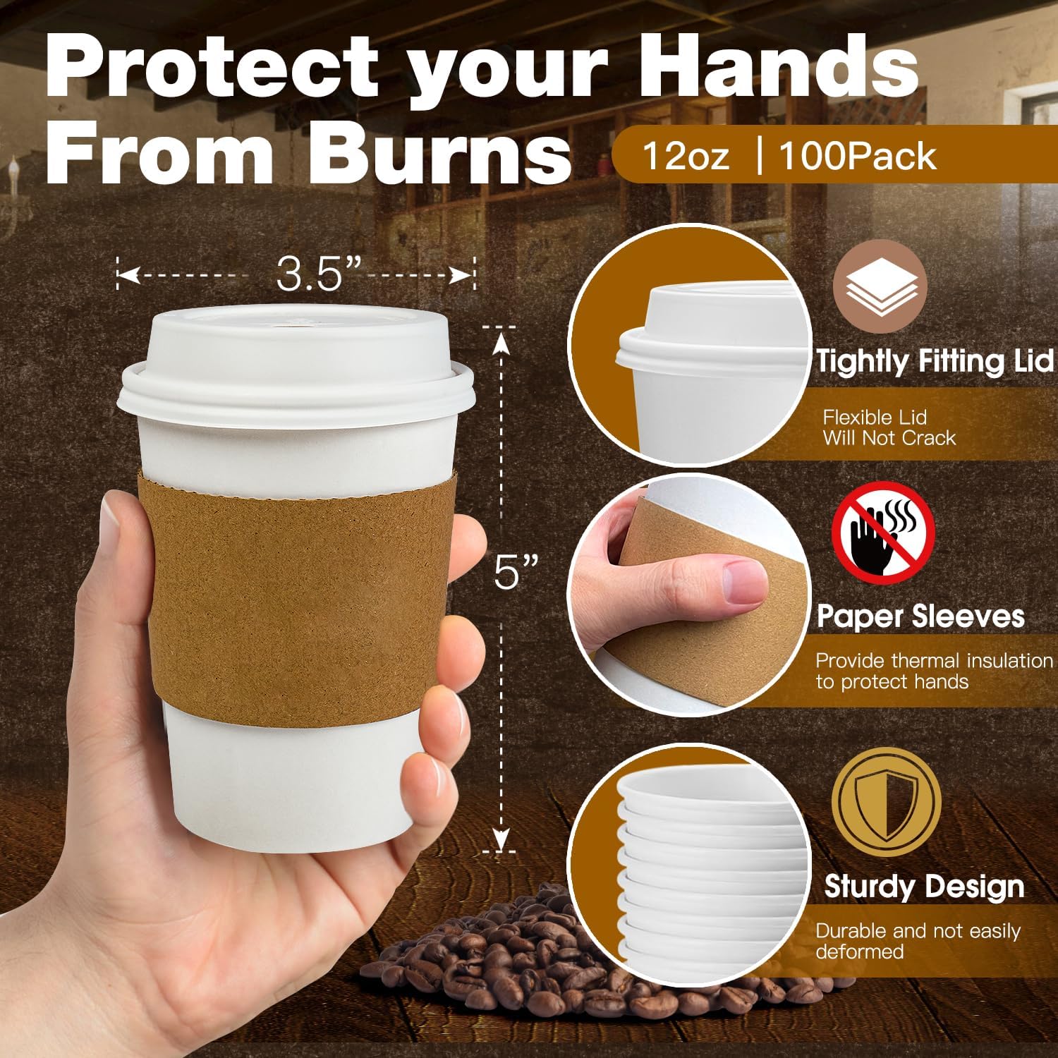 100 Pack 12 oz Leak-Proof Disposable Coffee Cups with Lids & Sleeves