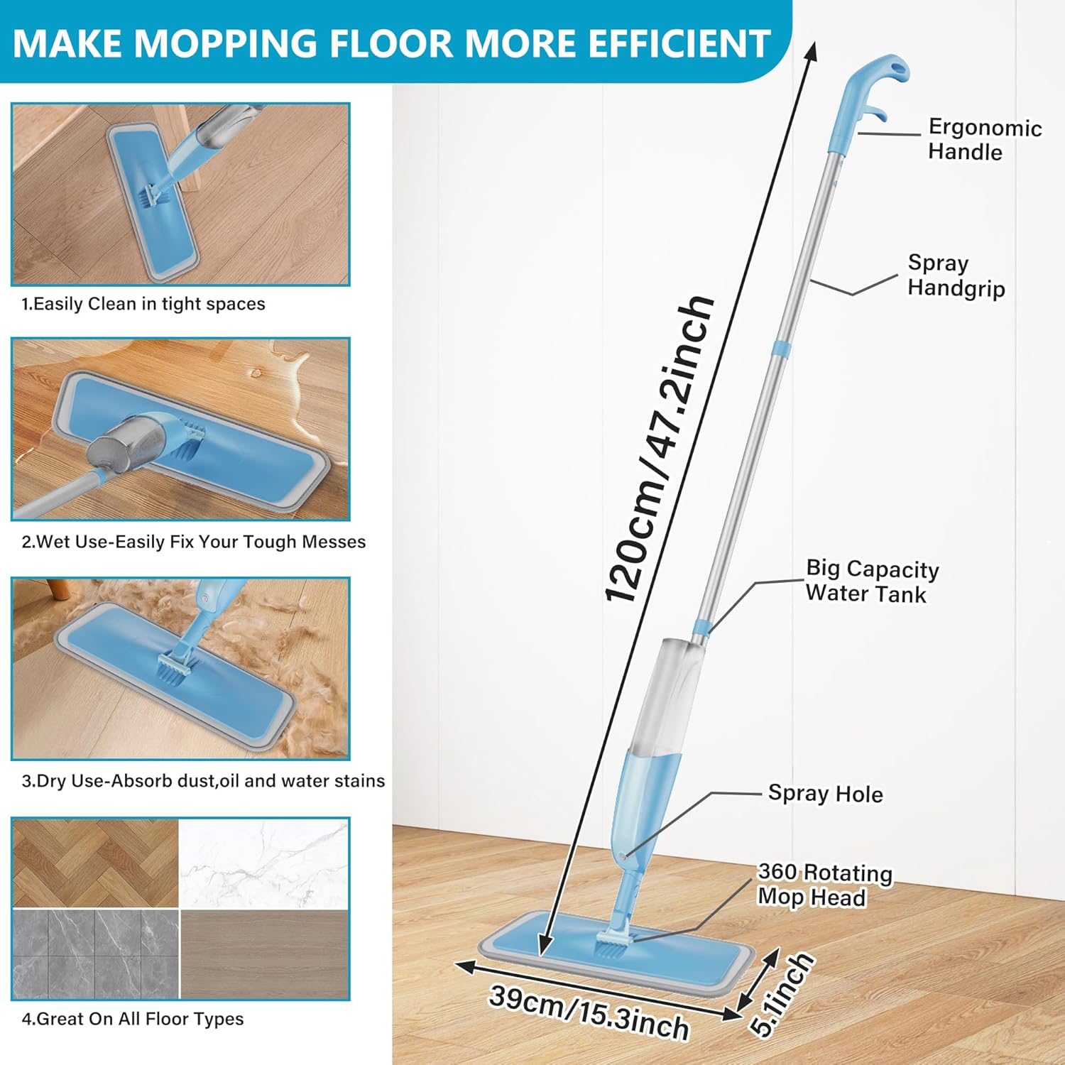 Spray Mop for Hardwood Floors – Floor Mop with Sprayer & 3 Reusable