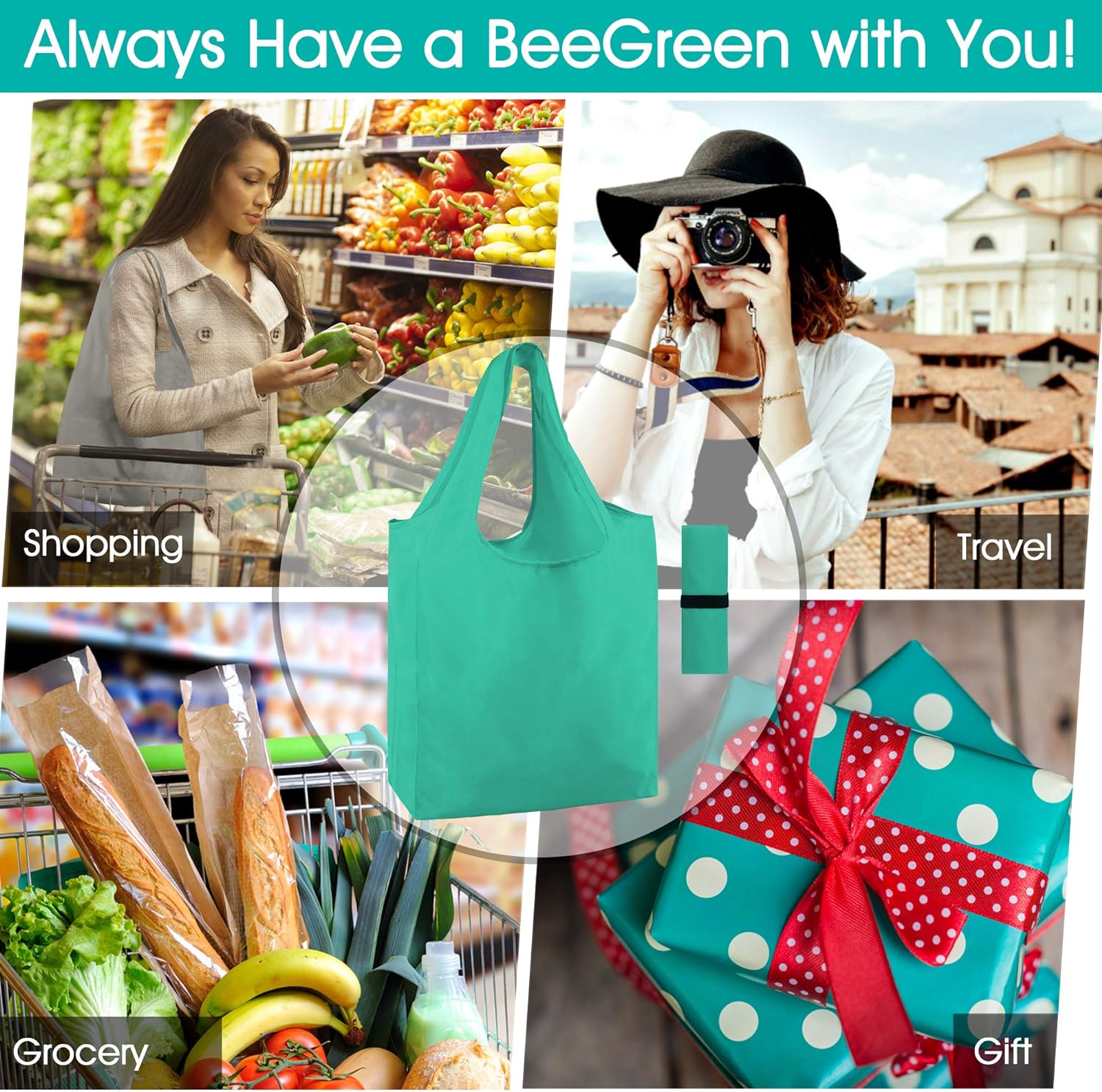 BeeGreen Reusable Grocery Bags – 10 Pack Extra Large Foldable