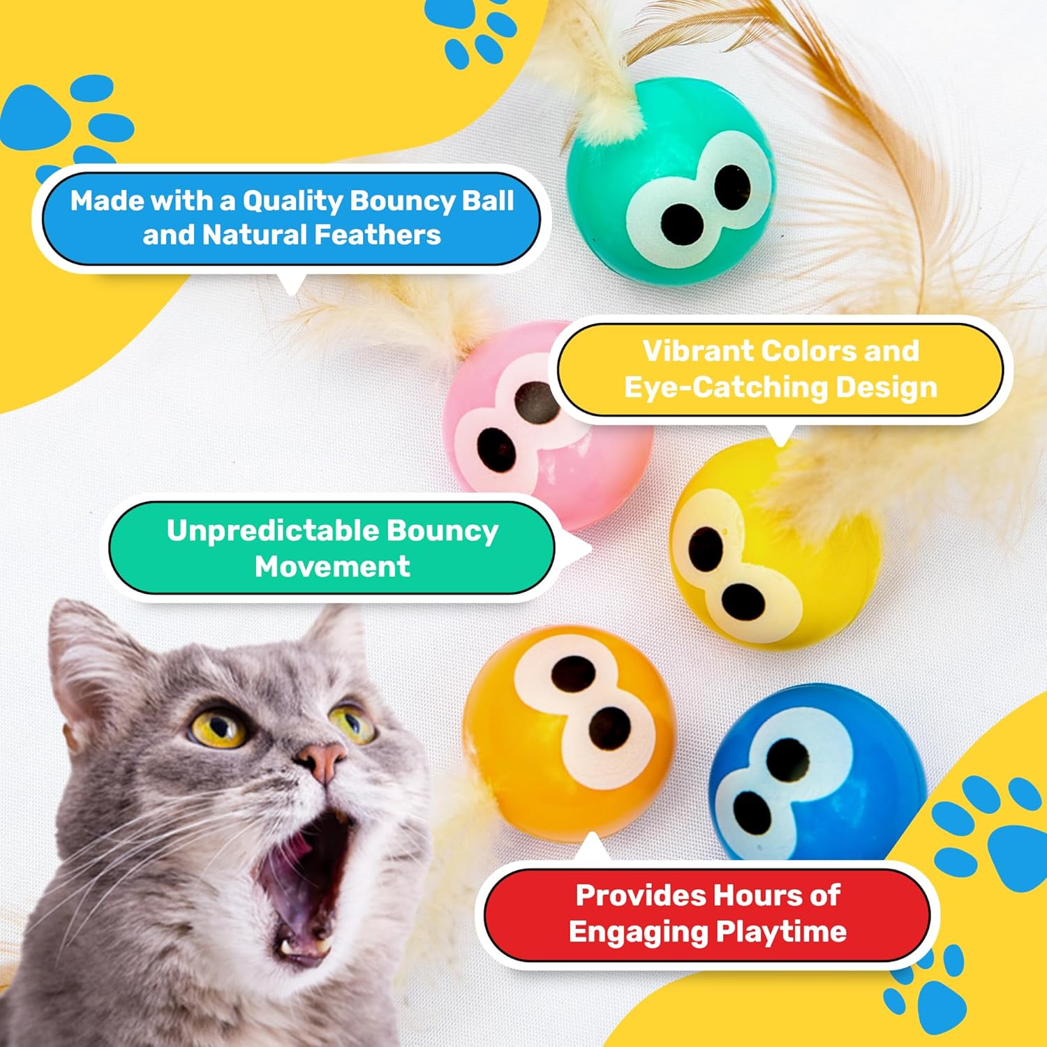 3 Pack Interactive Bouncy Ball with Natural Feathers for Indoor Cats