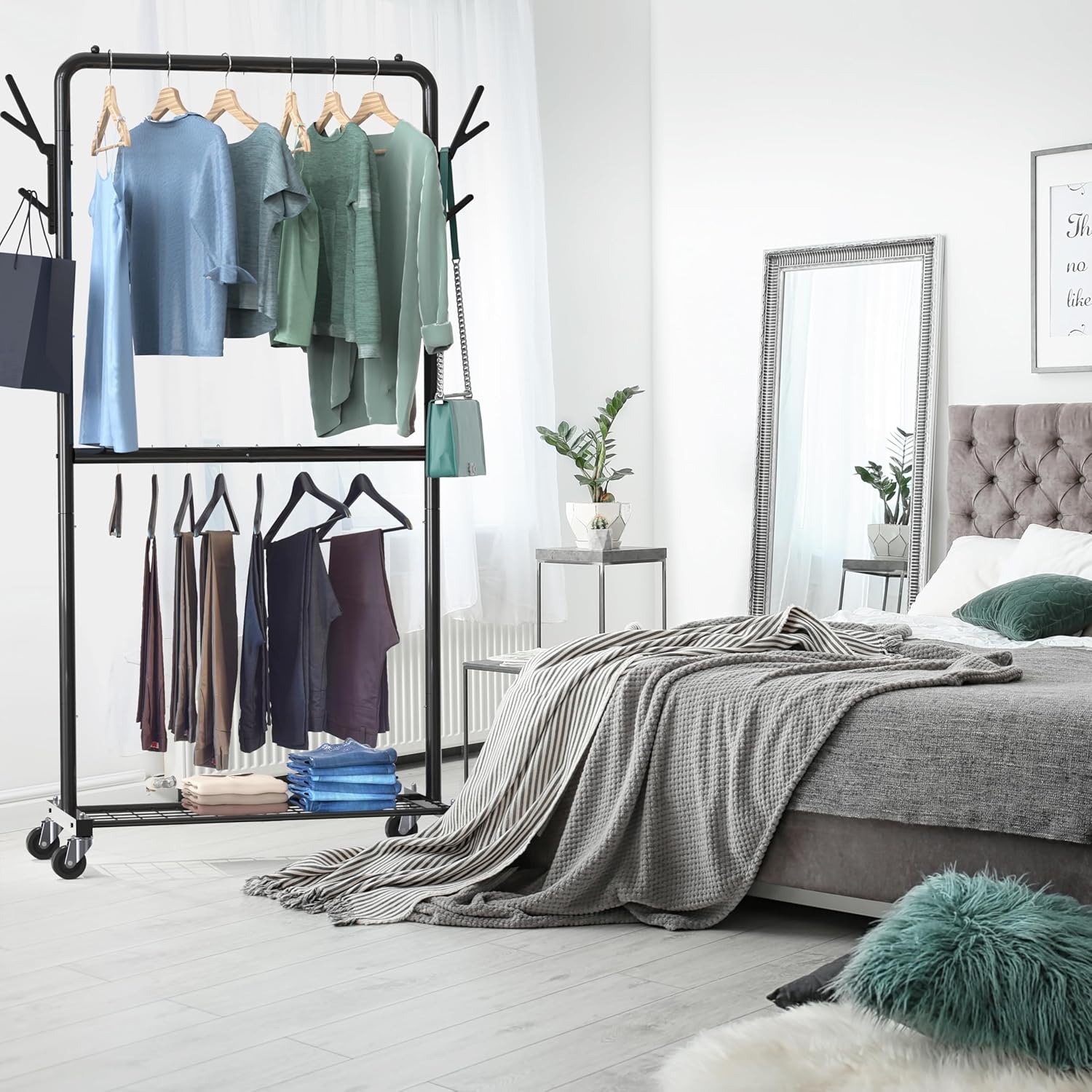 Double Rod Garment Rack with Wheels, Hooks Bottom Shelves