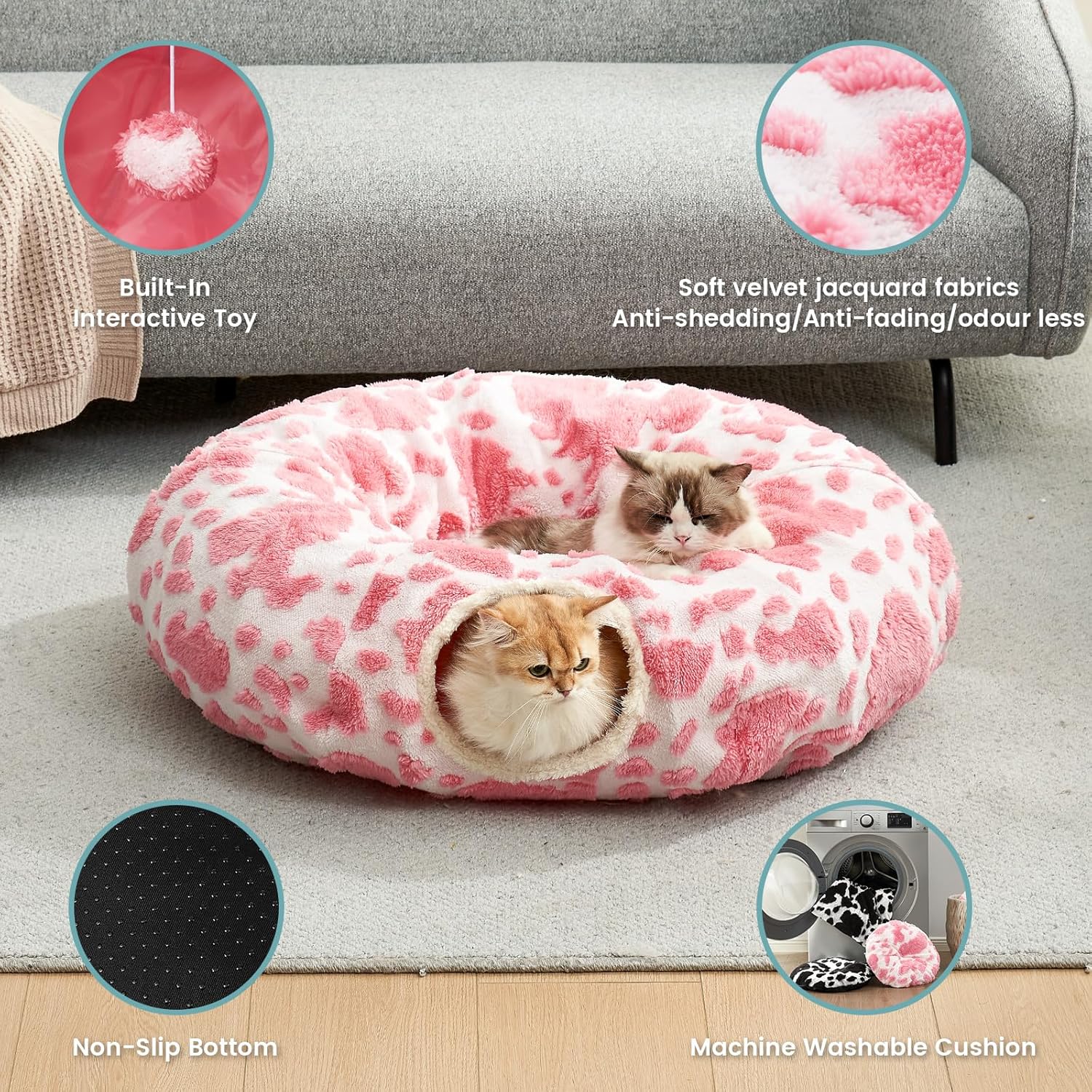 Cat Tunnel Bed for Indoor Cats, Foldable Cute Cat Donut Tunnel with Washable