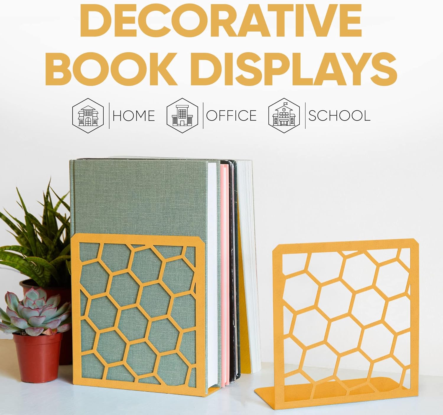 Gold Honeycomb Metal Bookends – Modern Heavy-Duty Shelf Stoppers