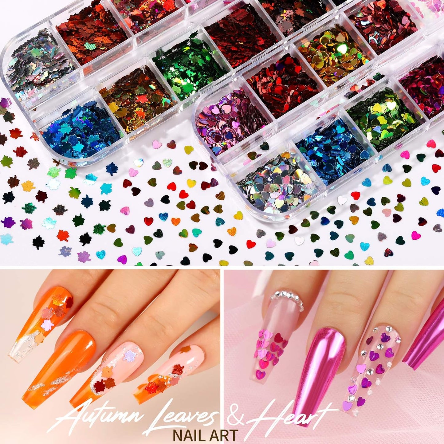 Teenitor 12 Sheets 3D Nail Art Stickers – Self-Adhesive Nail Decorations with 5 Boxes Holographic Glitter Flakes, Butterfly, Heart, Star, Maple Leaf Sequins & Flower Slices