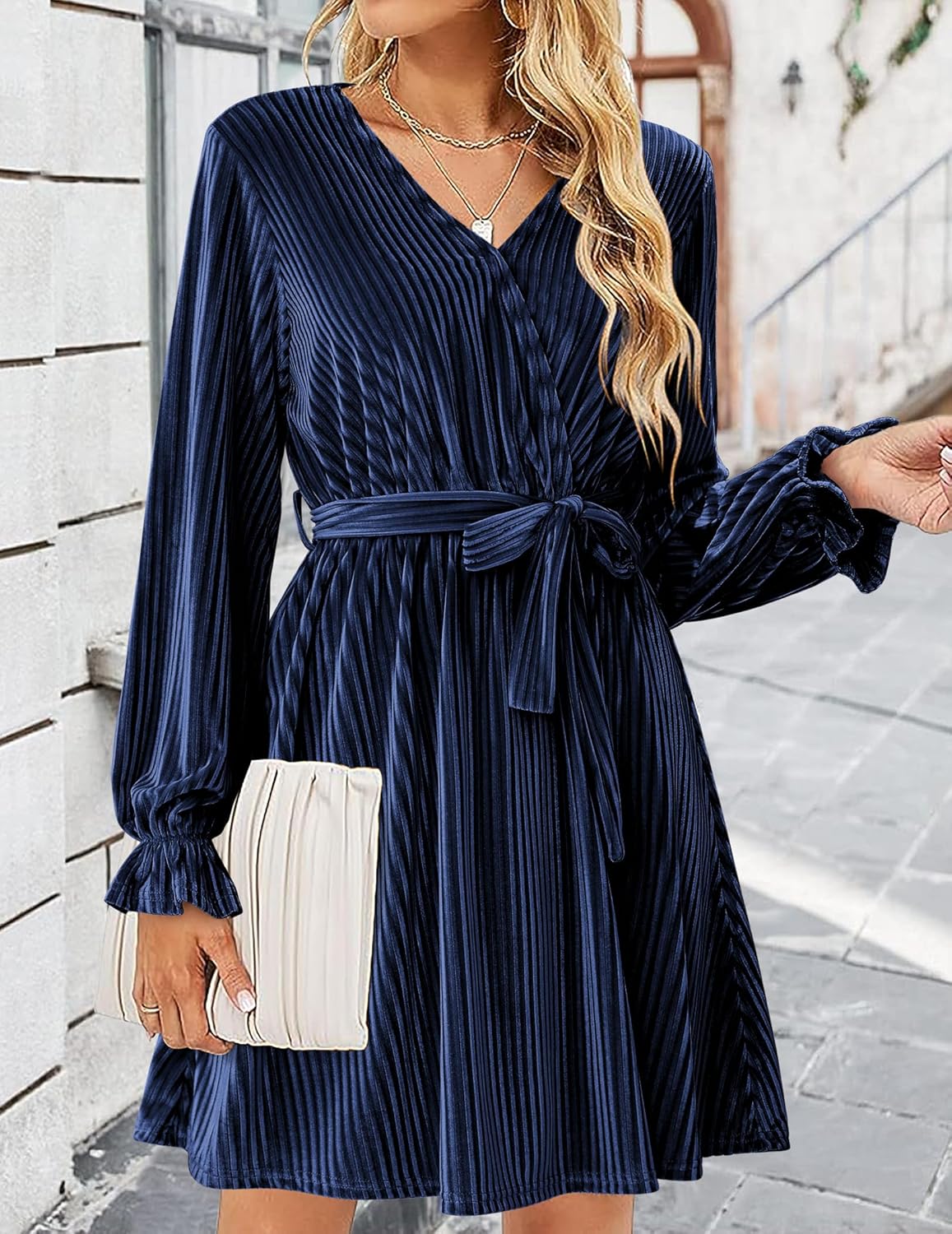 Women’s Velvet Wrap Dress – V Neck, Lantern Sleeves & Belt