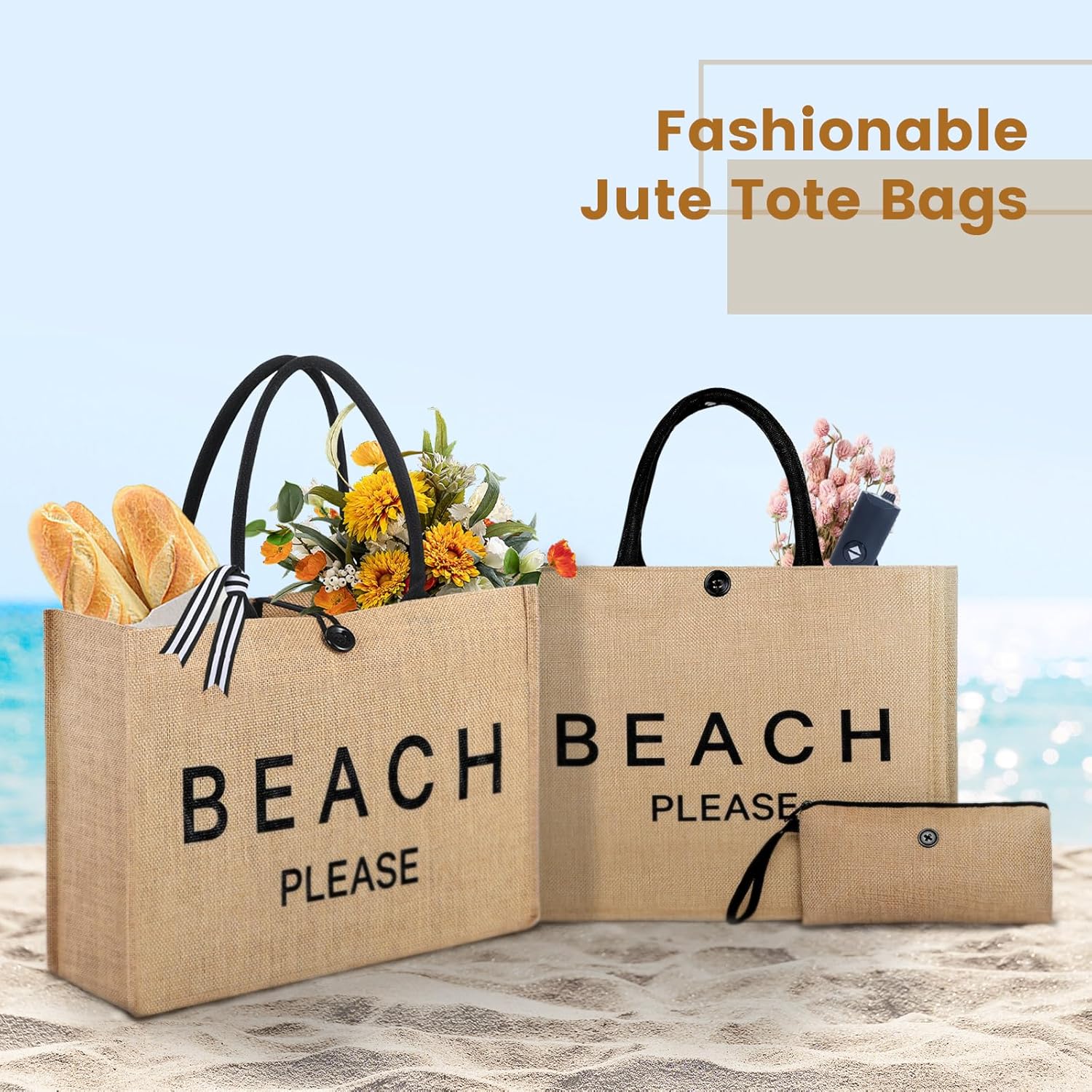 Large Beach Bag for Women – Woven Straw Tote Bag with Button Closure