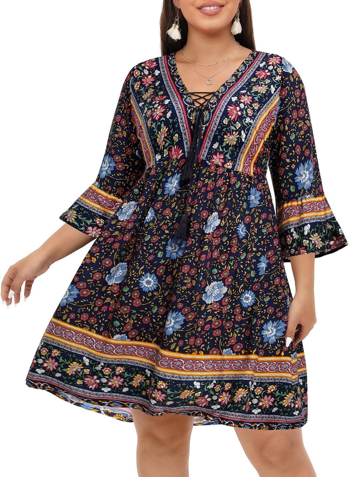 Plus Size Boho Floral V-Neck Mini Dress with Tassel Bell Sleeves