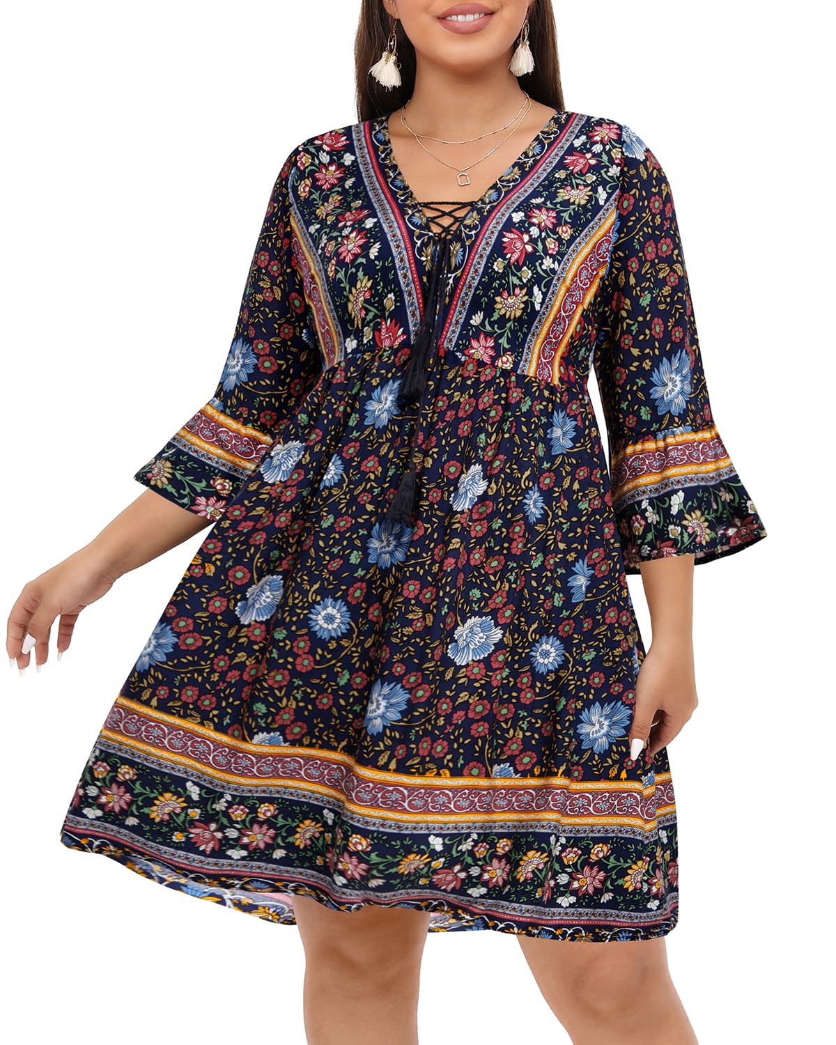 Plus Size Boho Floral V-Neck Mini Dress with Tassel Bell Sleeves