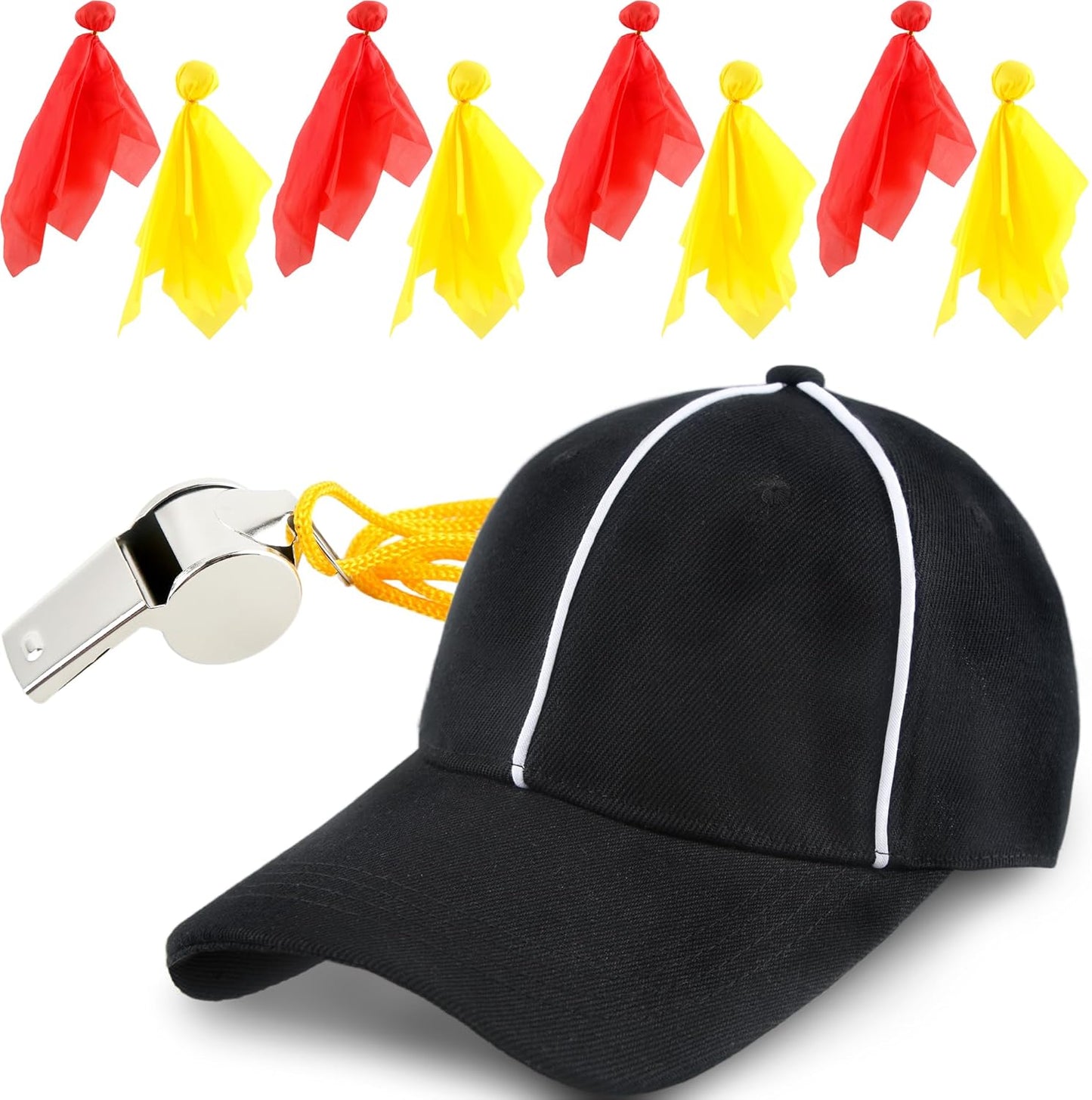 10 Pcs Challenge Flag Referee Hat Set – Official Football Hat, Penalty Flags & Stainless Steel Whistle for Sports Fans, Football Games & Party Accessory