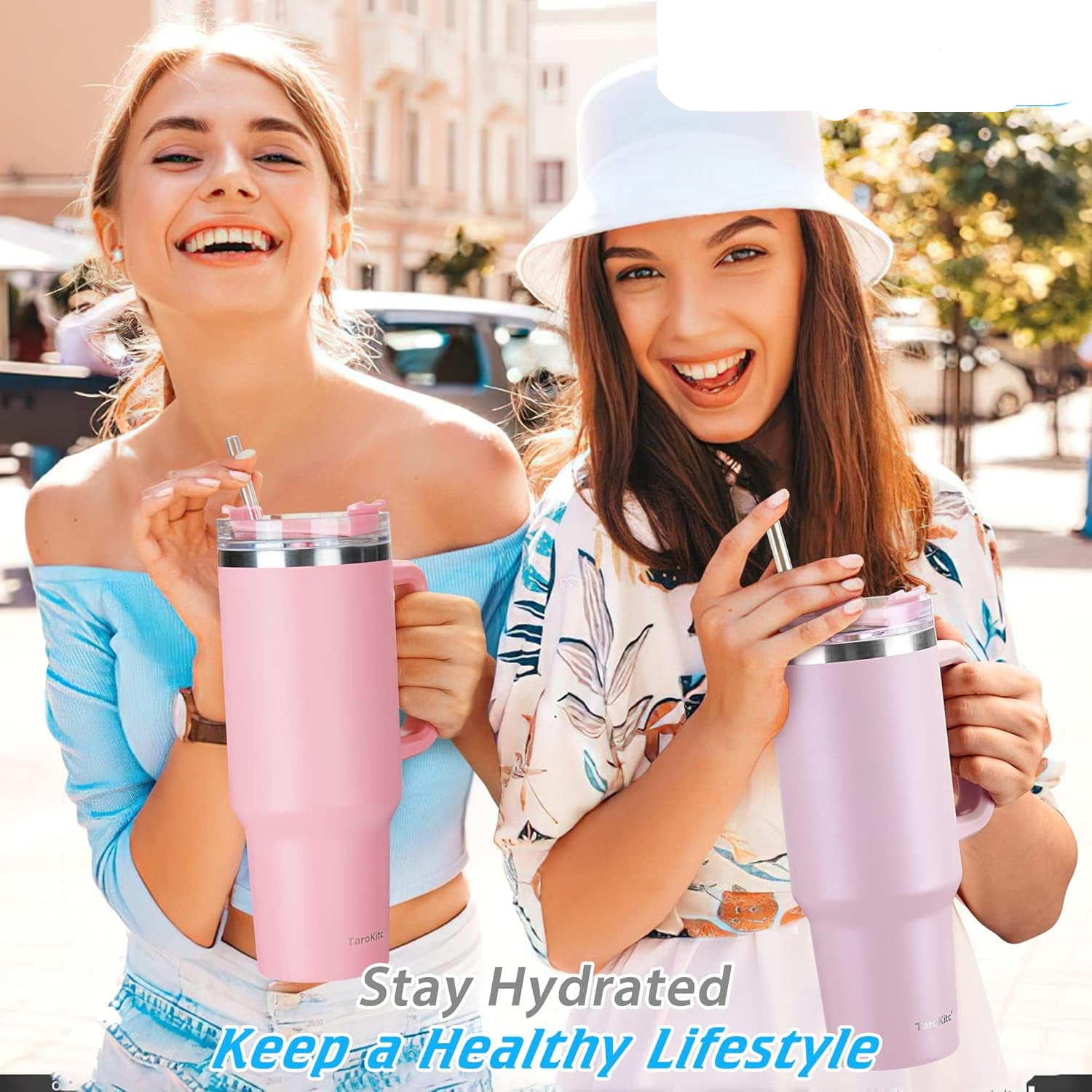 Tumbler with Handle and Straw Pink Insulated Travel Mug Iced Coffee Cup