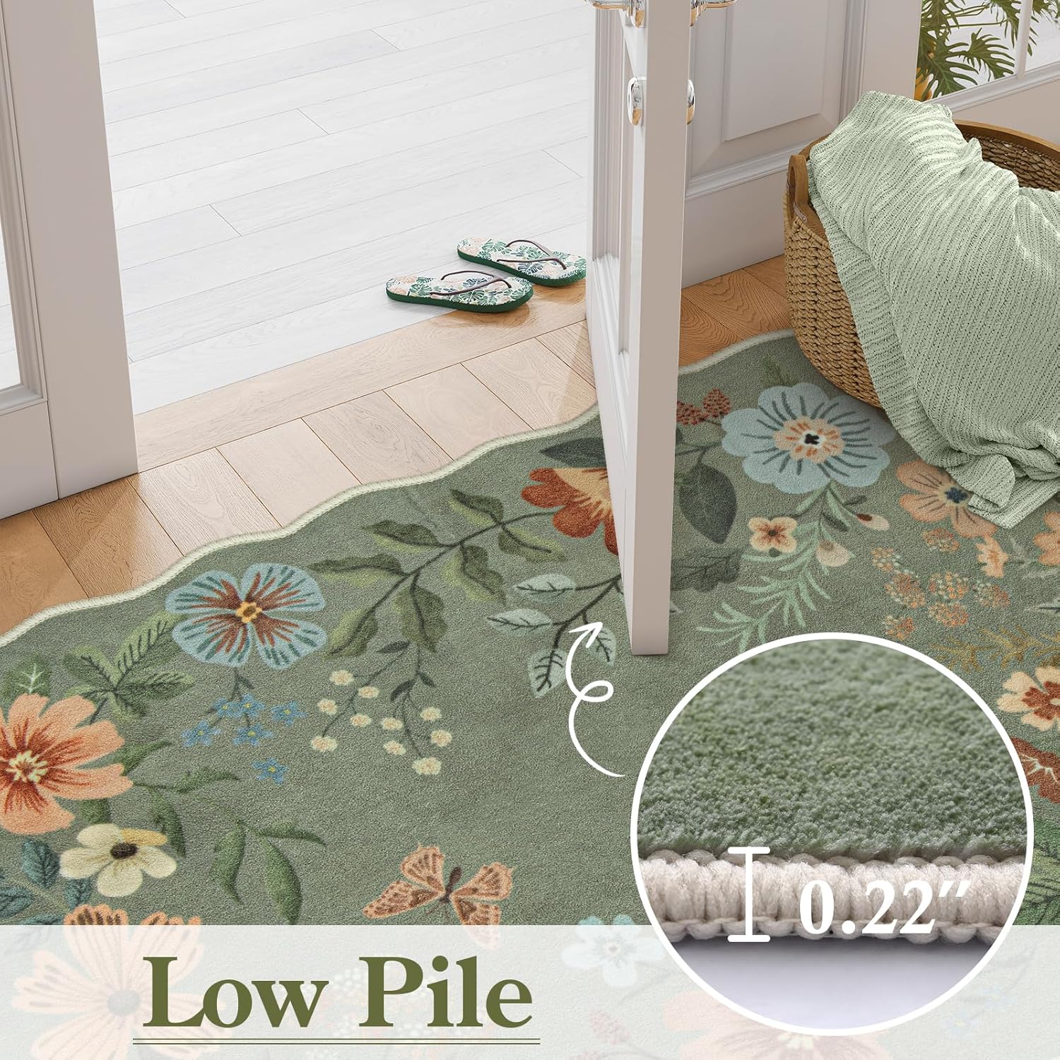 Floral 2x3 Green Rug – Washable Ultra-Thin Non-Slip Kitchen