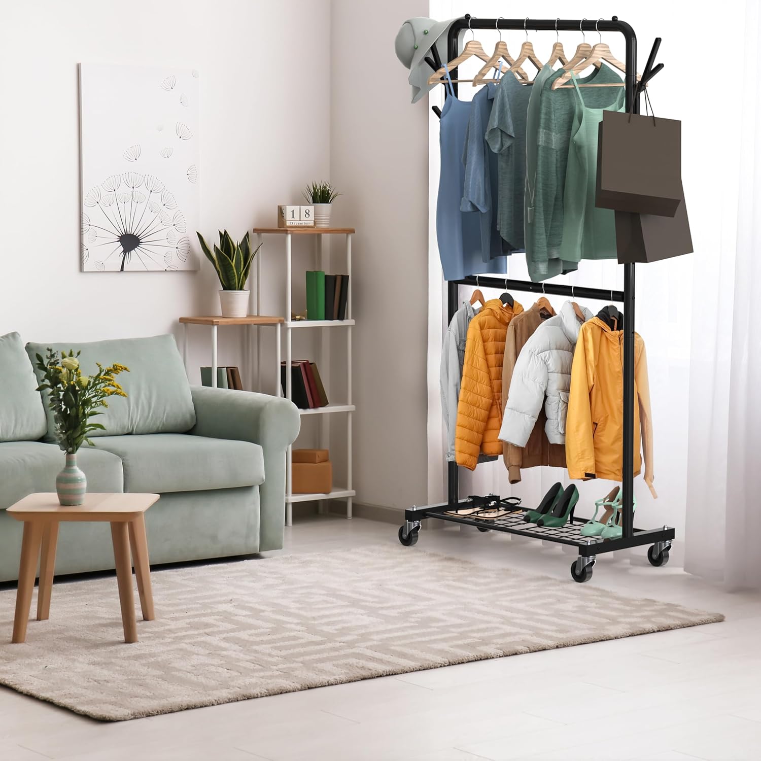Double Rod Garment Rack with Wheels, Hooks Bottom Shelves