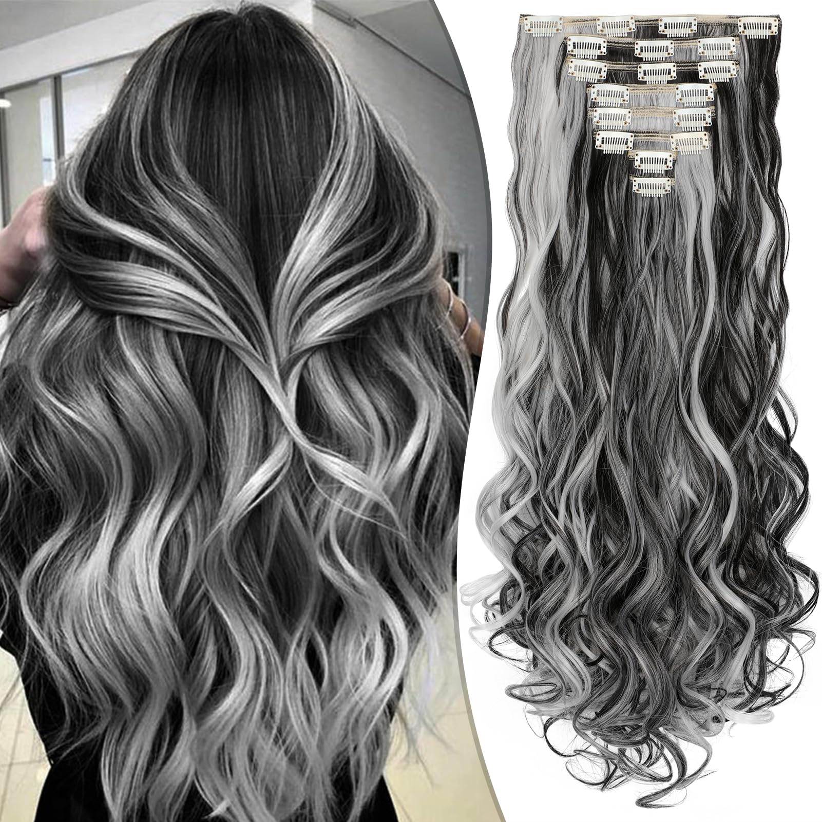 Clip-in Hair Extensions 24 Inch – 8PCS Natural Black Mix Silver Grey Long Wavy Synthetic Hair, Thick Double Weft Clip-ins for Women