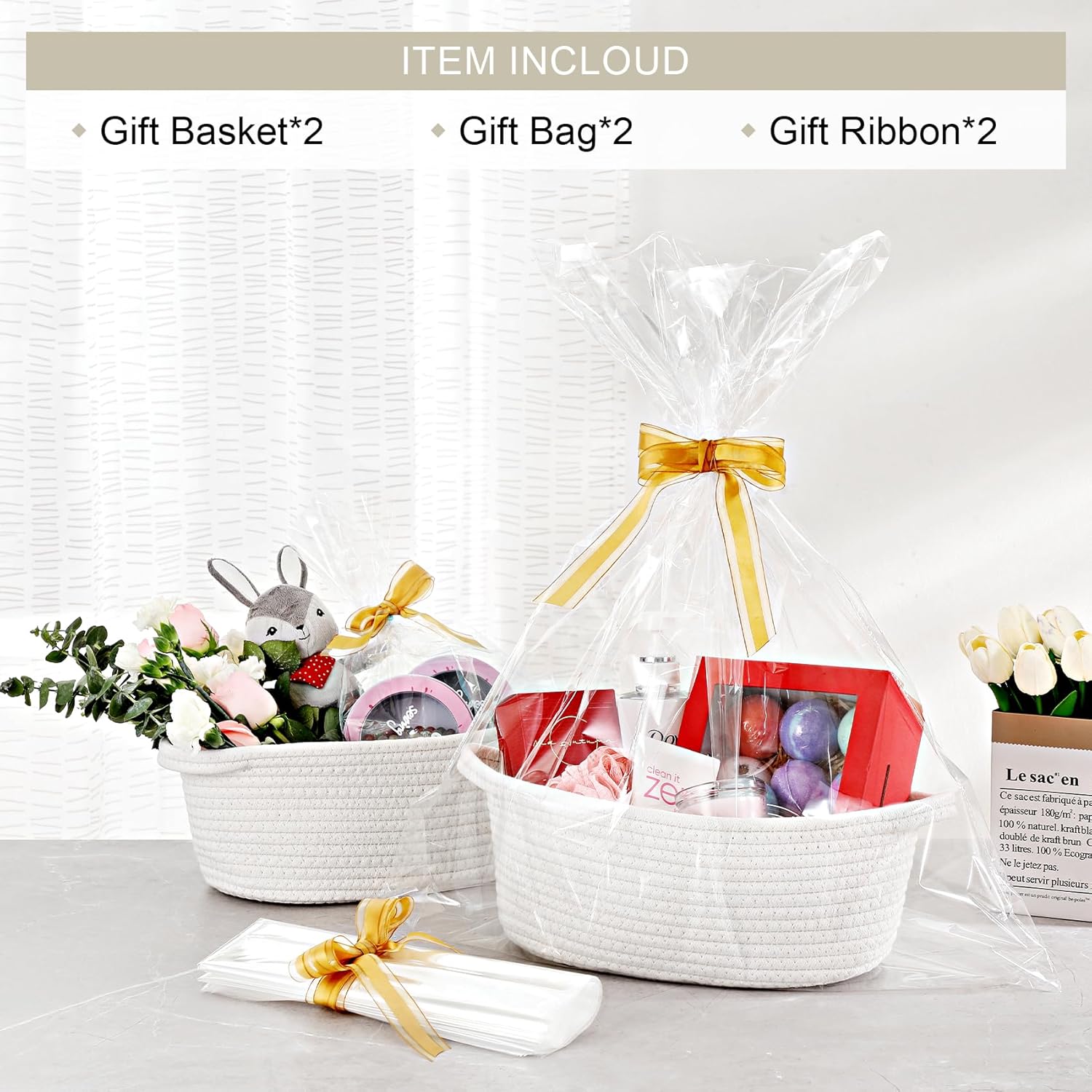 2 Pack Small Woven Gift Baskets with Ribbons & Bags – Decorative Cotton Rope