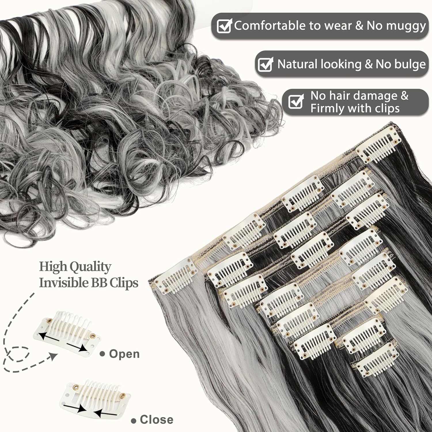 Clip-in Hair Extensions 24 Inch – 8PCS Natural Black Mix Silver Grey Long Wavy Synthetic Hair, Thick Double Weft Clip-ins for Women