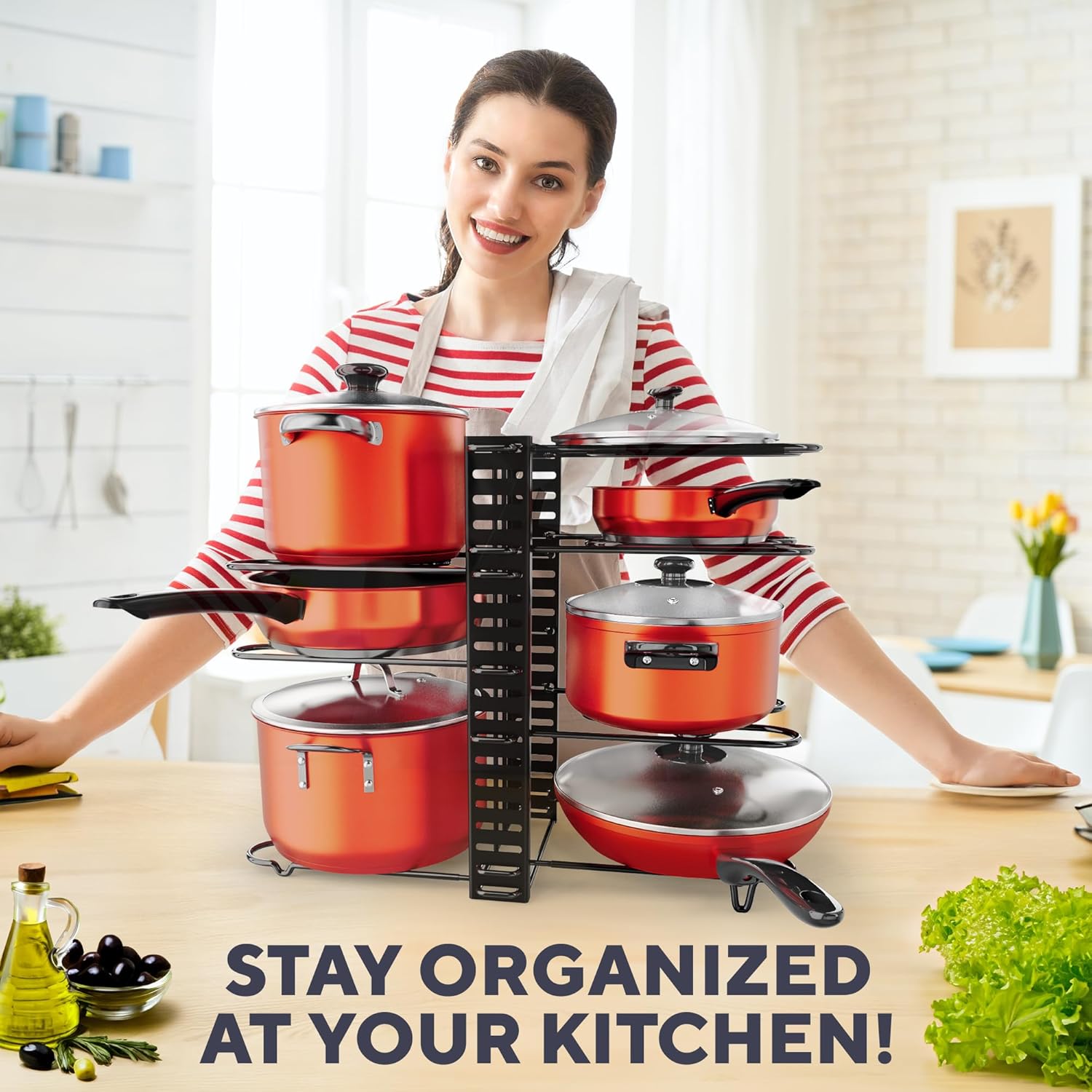 Pots and Pans Organizer Under Cabinet – 8-Tier Adjustable Rack