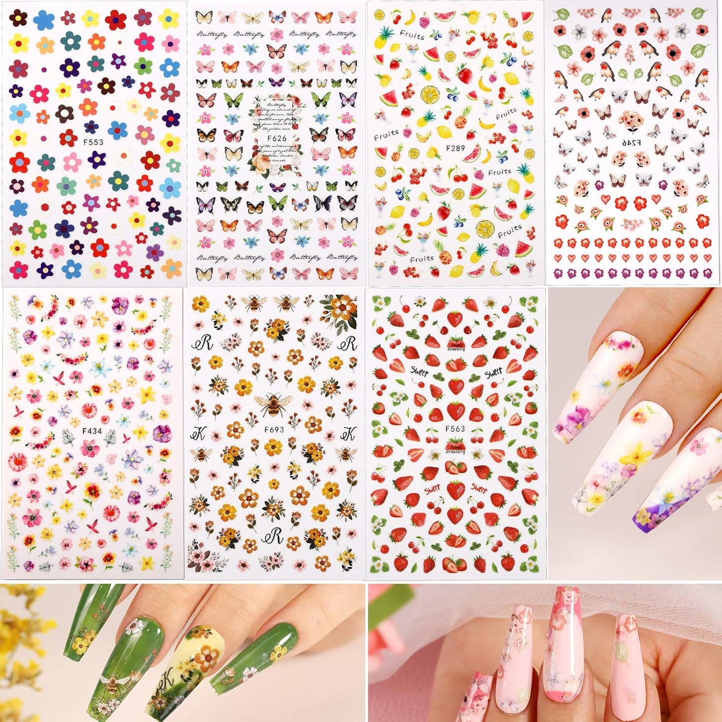 Teenitor 12 Sheets 3D Nail Art Stickers – Self-Adhesive Nail Decorations with 5 Boxes Holographic Glitter Flakes, Butterfly, Heart, Star, Maple Leaf Sequins & Flower Slices