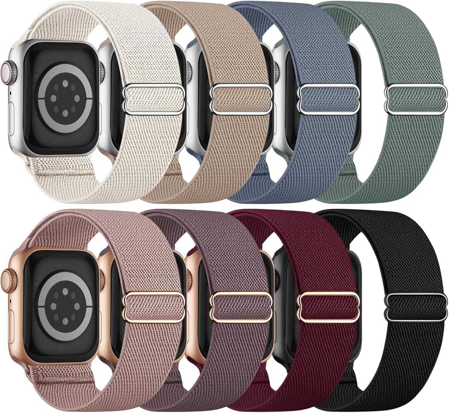 8-Pack Stretchy Nylon Braided Solo Loop Bands – Adjustable Apple Watch Straps for Men  Women, Fits 38mm-49mm