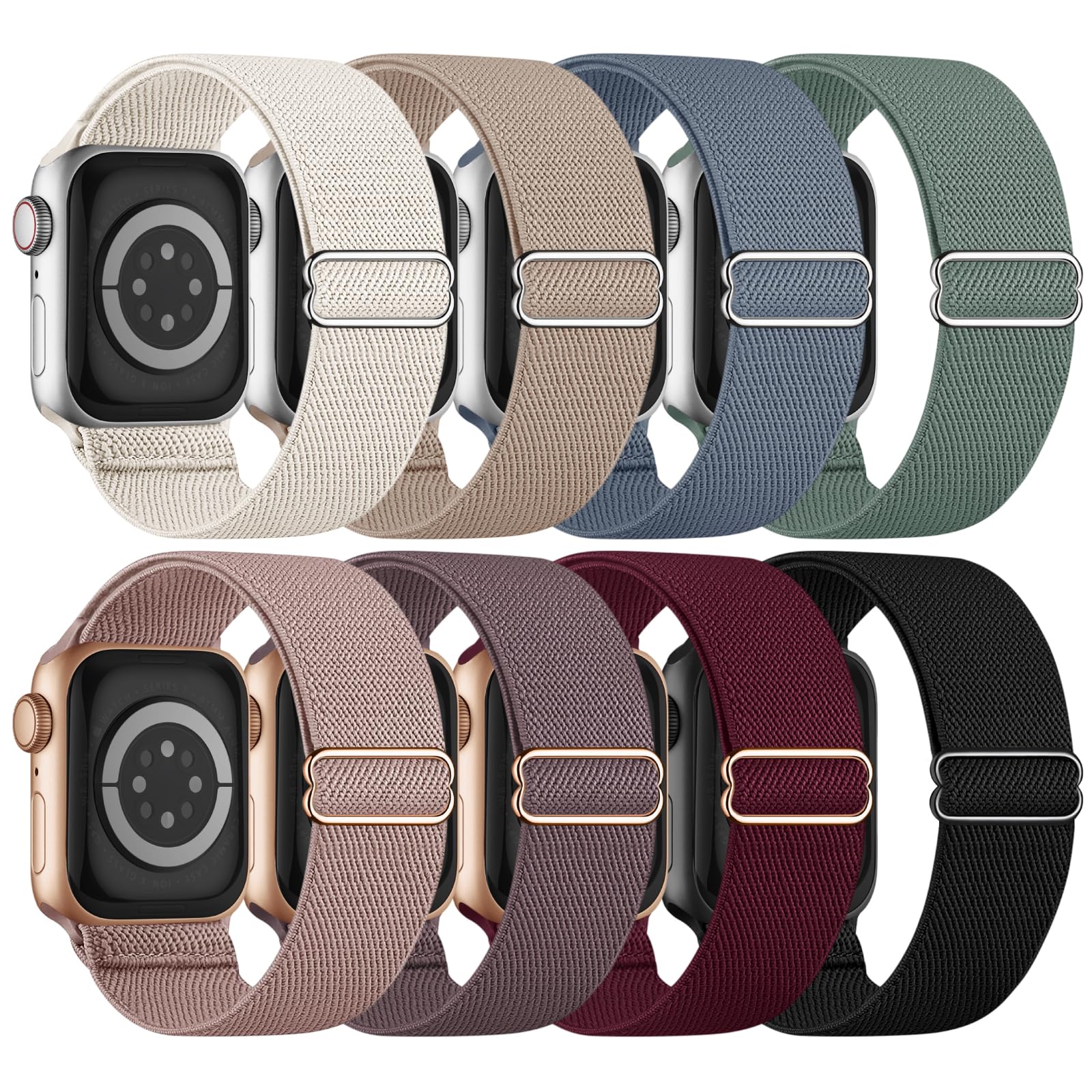 8-Pack Stretchy Nylon Braided Solo Loop Bands – Adjustable Apple Watch Straps for Men  Women, Fits 38mm-49mm
