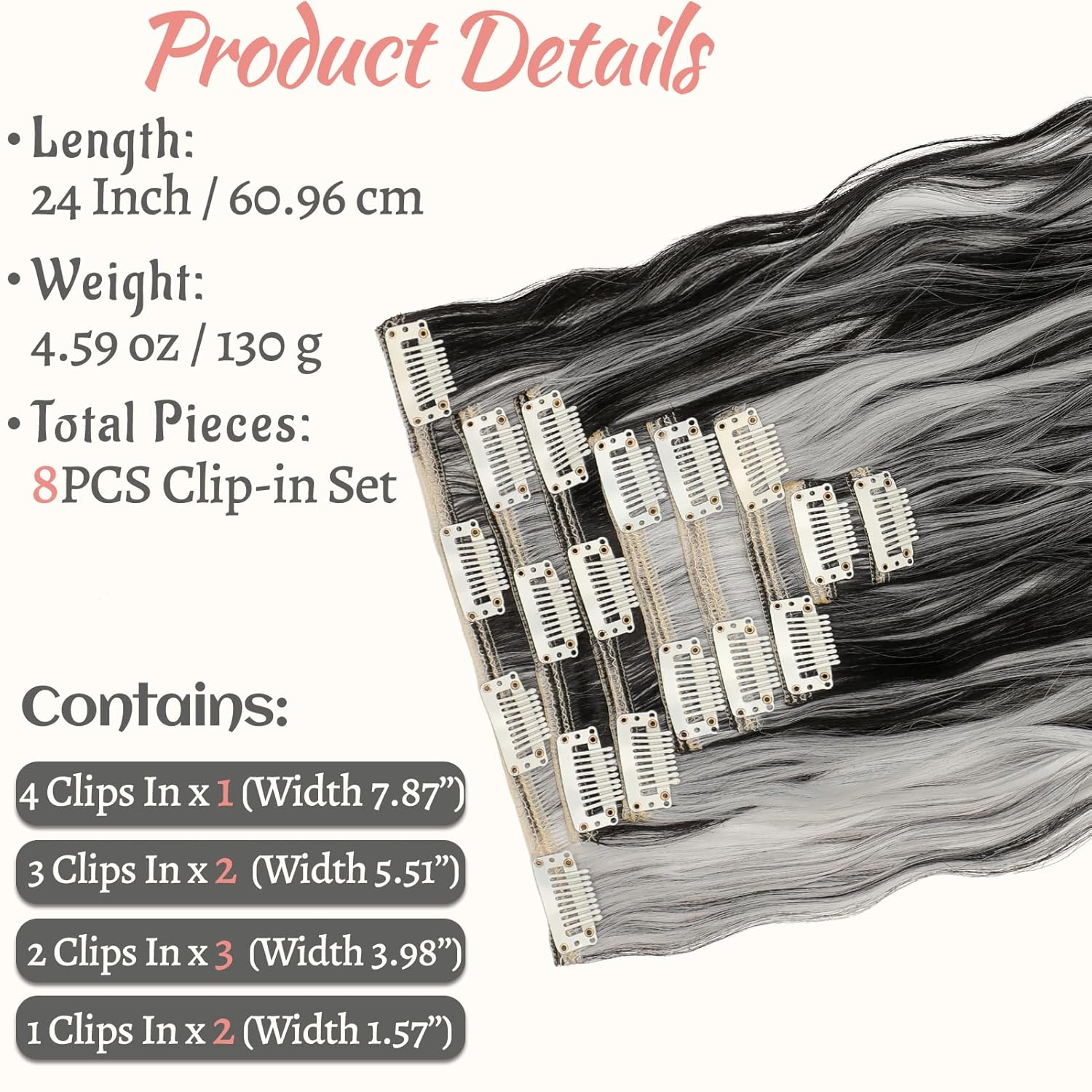 Clip-in Hair Extensions 24 Inch – 8PCS Natural Black Mix Silver Grey Long Wavy Synthetic Hair, Thick Double Weft Clip-ins for Women