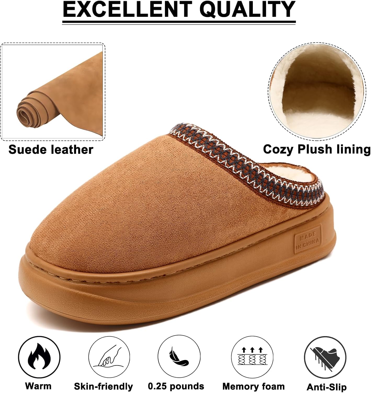 Fur-Lined Suede House Slippers – Warm Memory Foam Indoor Booties
