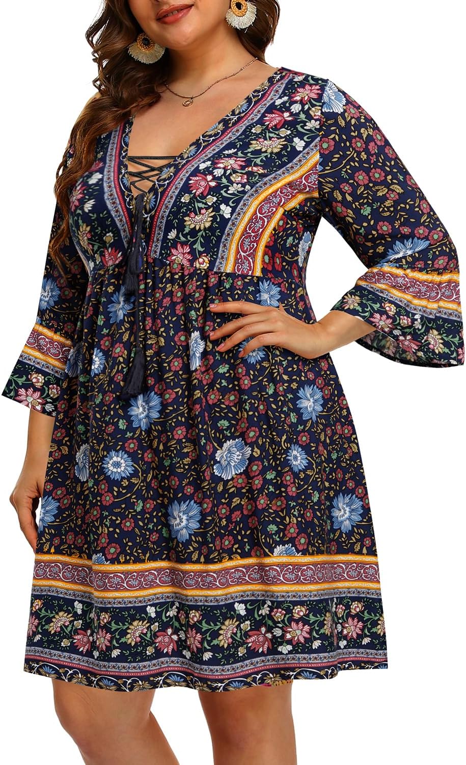 Plus Size Boho Floral V-Neck Mini Dress with Tassel Bell Sleeves