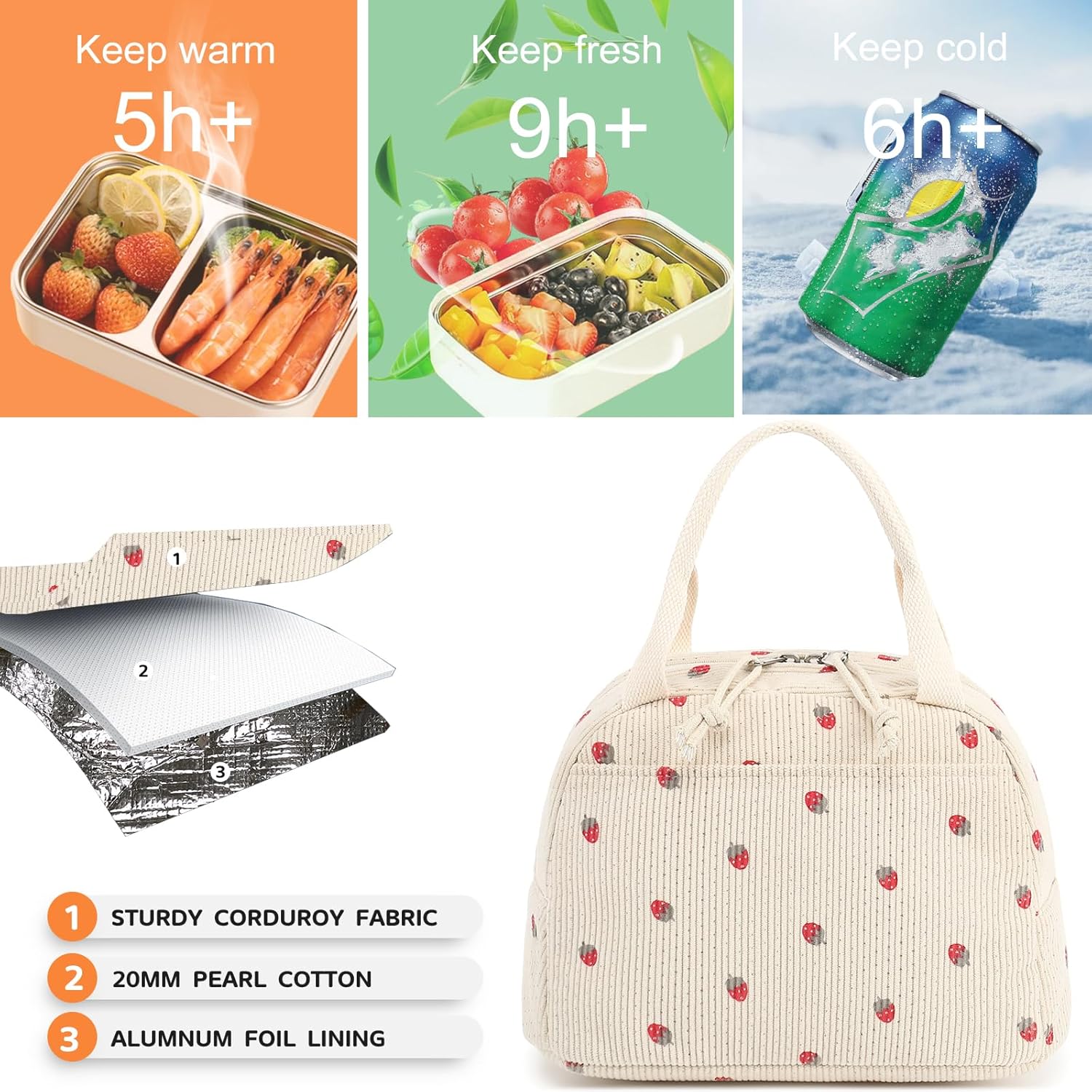 Corduroy Insulated Lunch Bag for Women – Stylish Waterproof Cooler Tote
