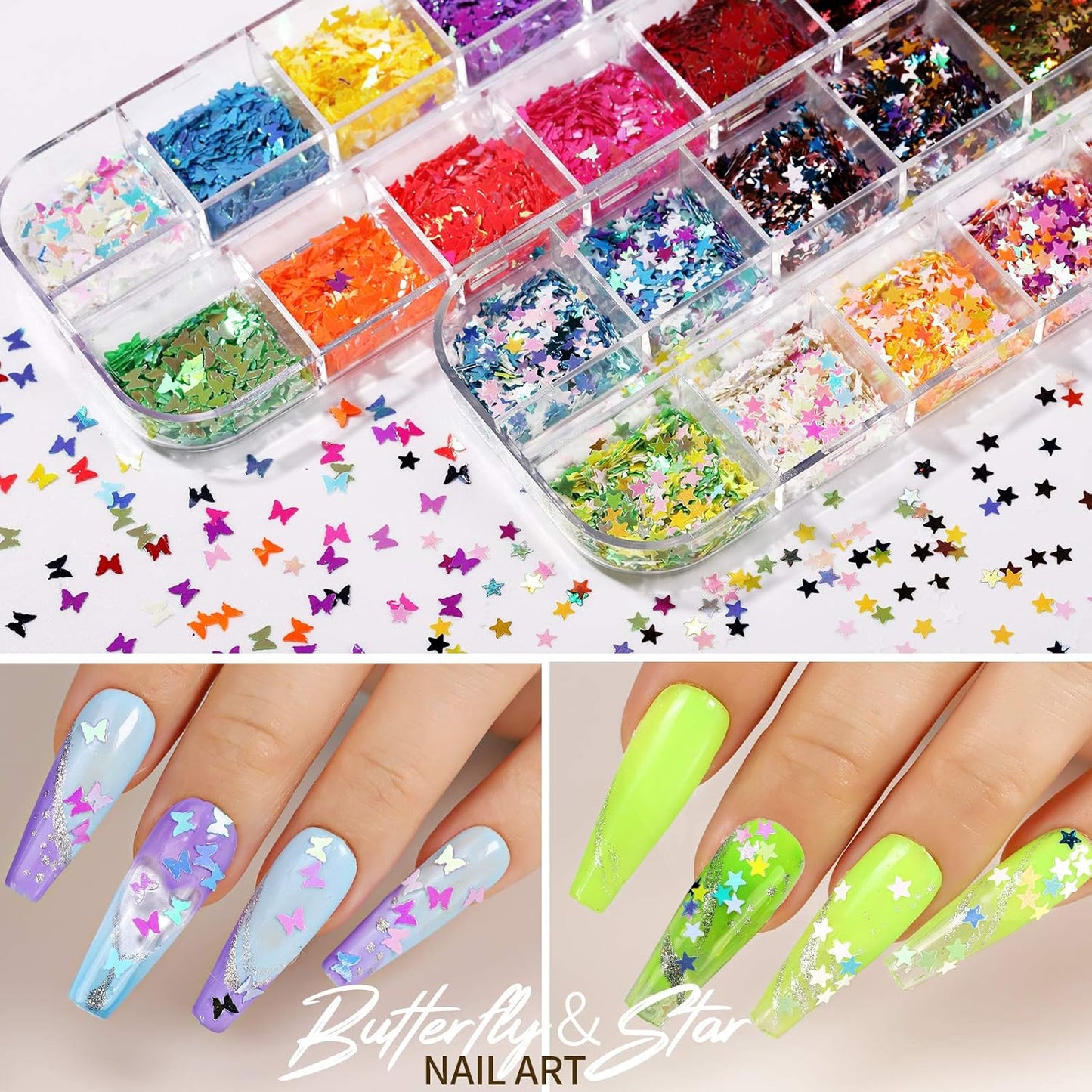 Teenitor 12 Sheets 3D Nail Art Stickers – Self-Adhesive Nail Decorations with 5 Boxes Holographic Glitter Flakes, Butterfly, Heart, Star, Maple Leaf Sequins & Flower Slices
